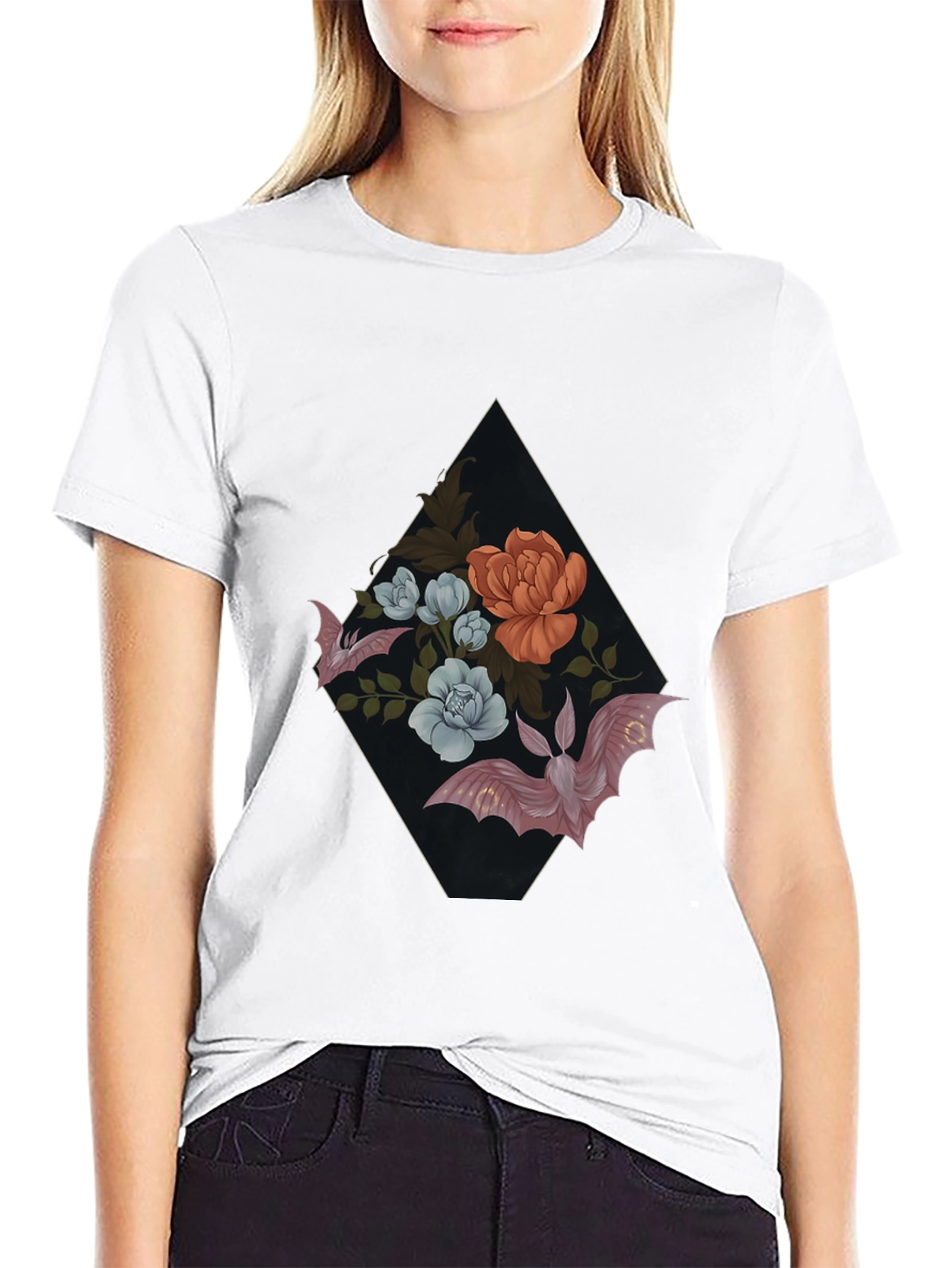 Black Floral Bat Graphic Tee - Gothic Style view 9