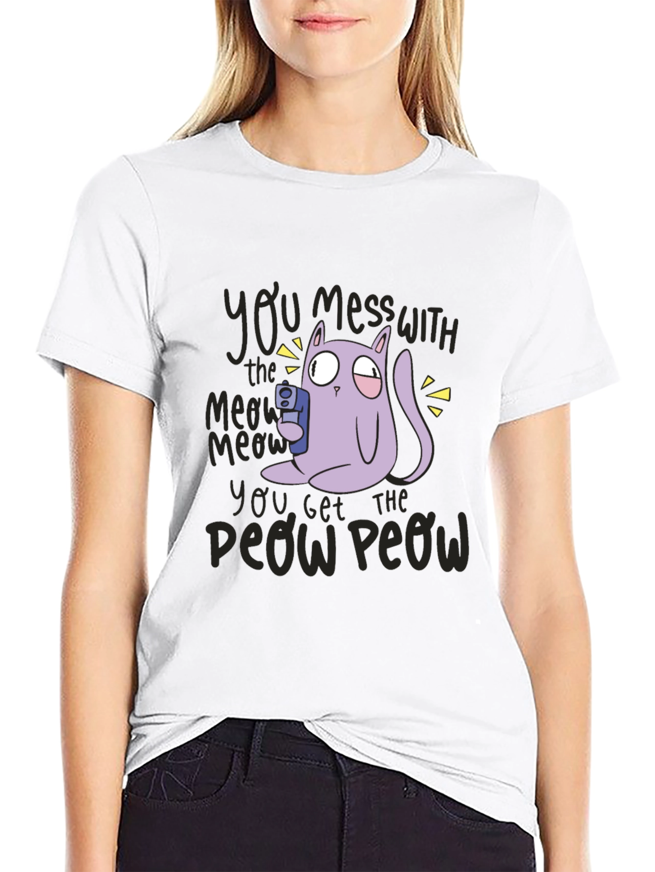 Black Meow Meow Peow T-Shirt - Funny Cat Graphic Tee view 9