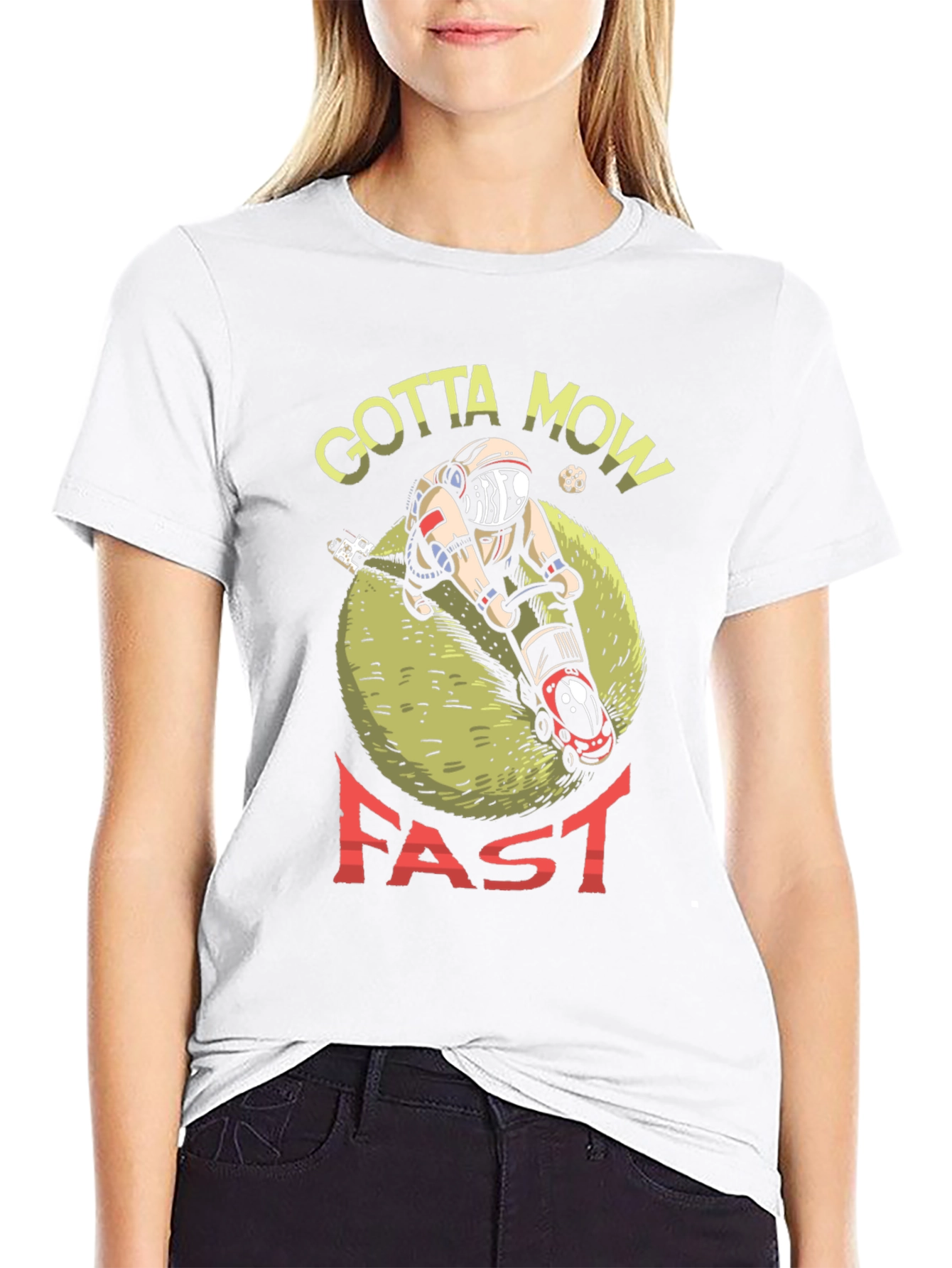 Black Gotta Mow Fast T-Shirt, Astronaut Lawn Mower Design view 9
