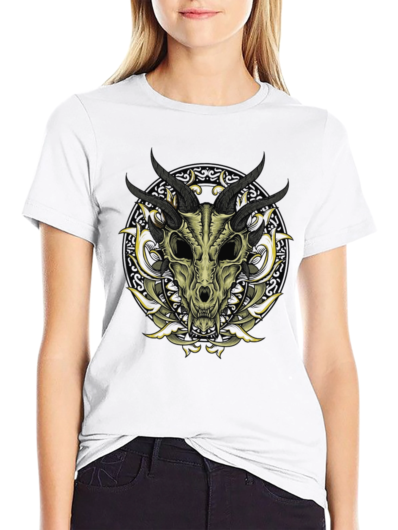 Black Skull & Horns Graphic Print T-Shirt view 9