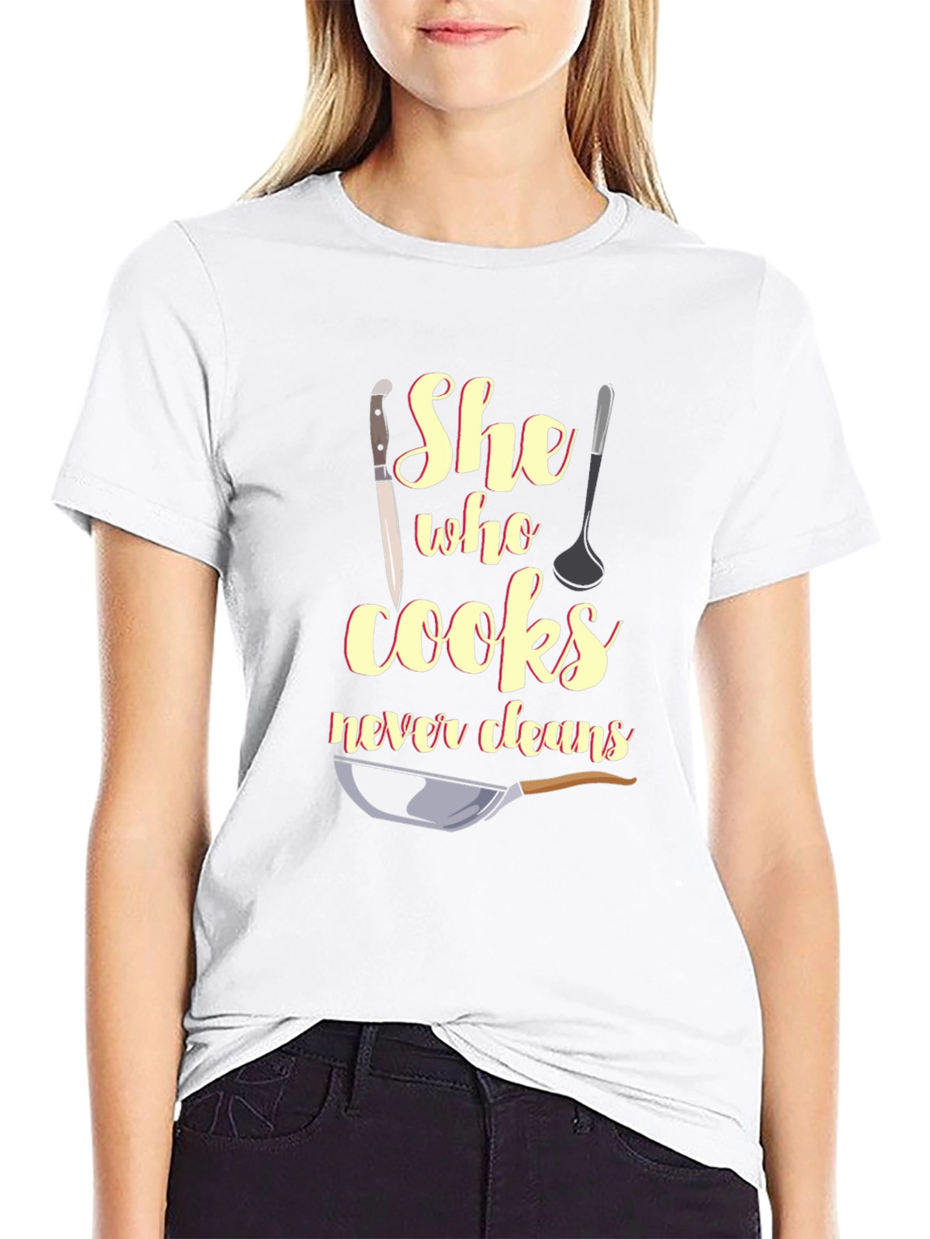 Black Funny "She Who Cooks Never Cleans" T-Shirt view 9