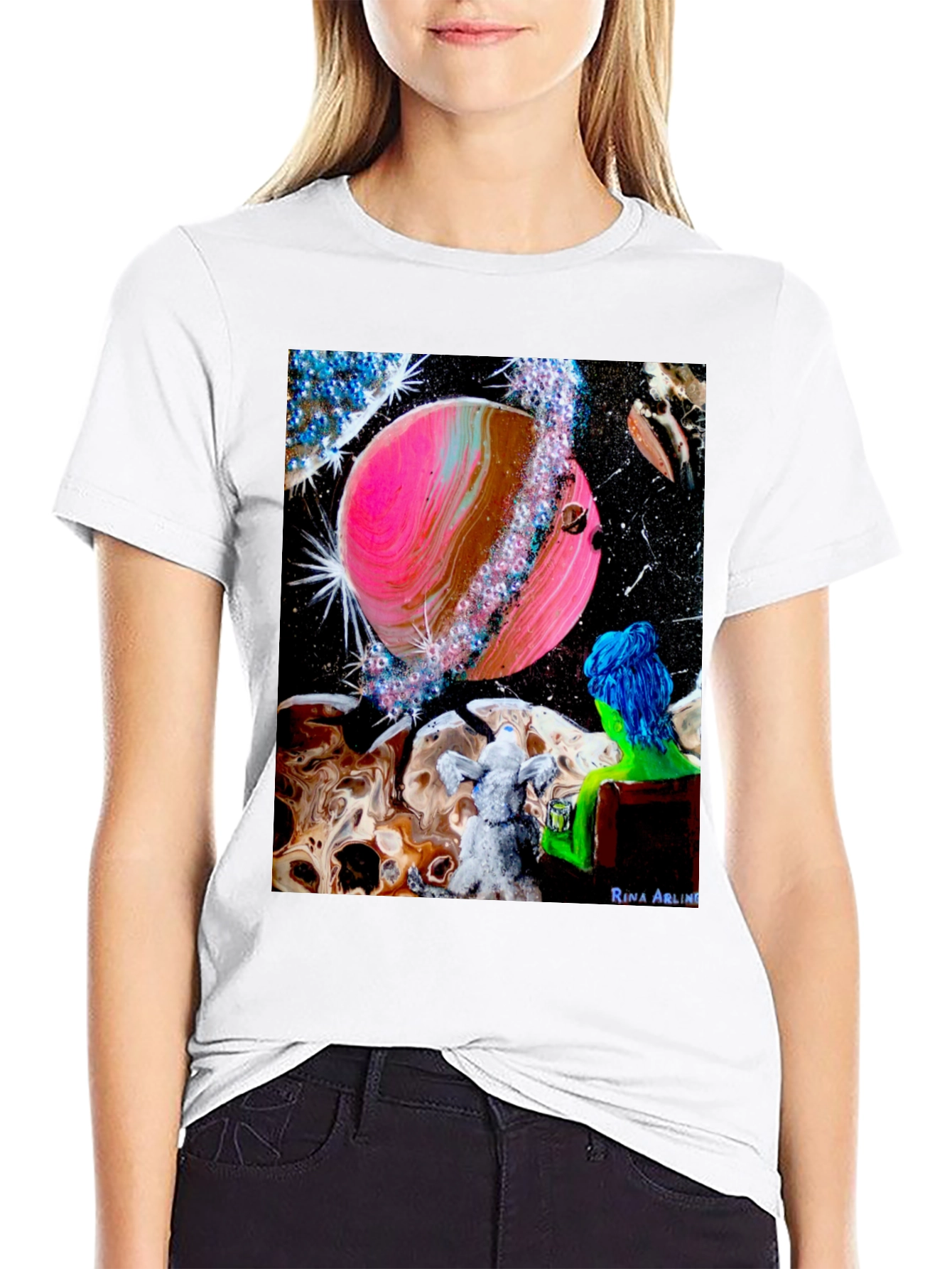 Black Cosmic Dreamer T-Shirt: Pink Planet & Blue Haired Girl view 9