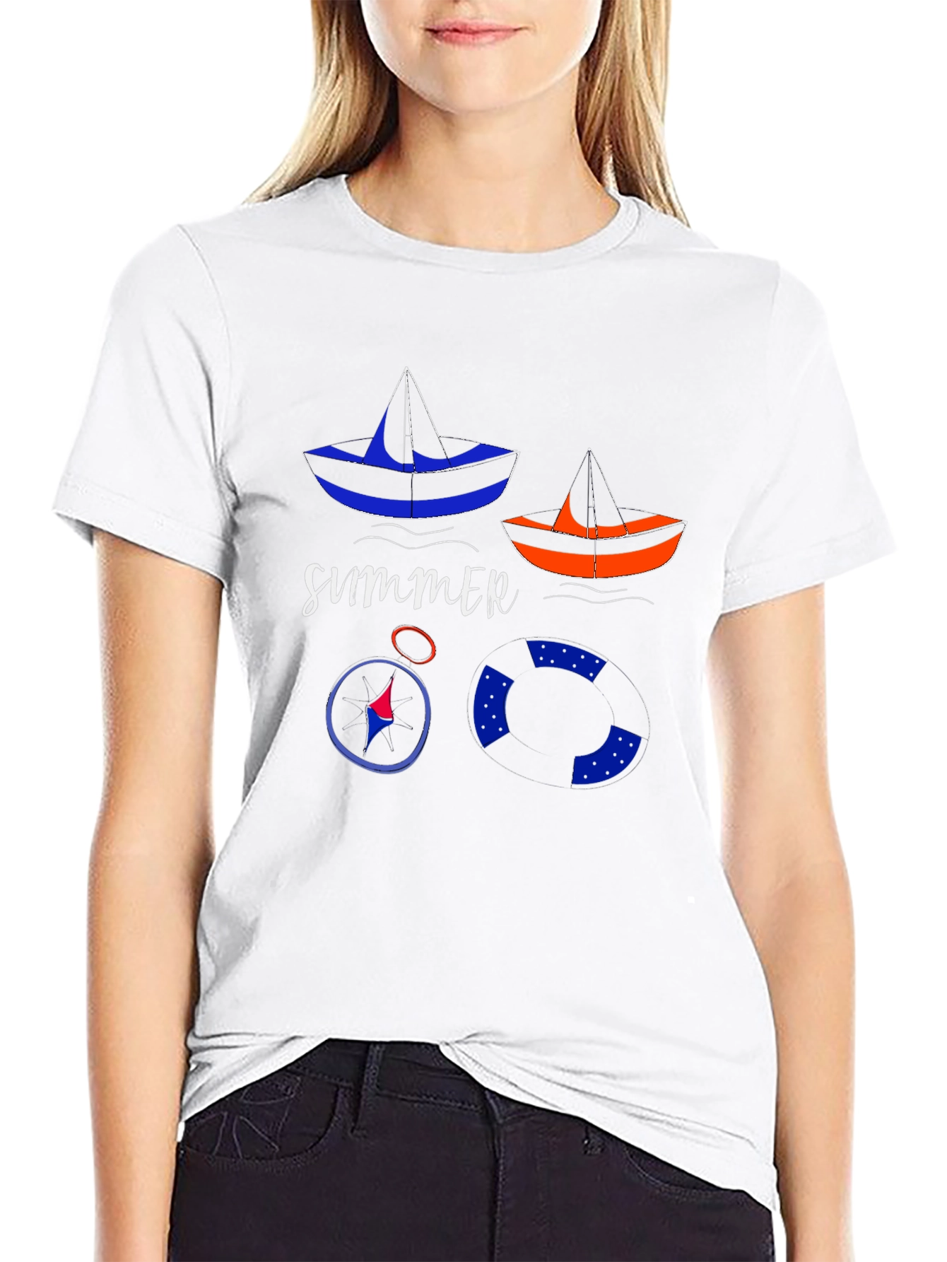 Summer Nautical T-Shirt: Sailboats, Compass, and Life Preserver - 9
