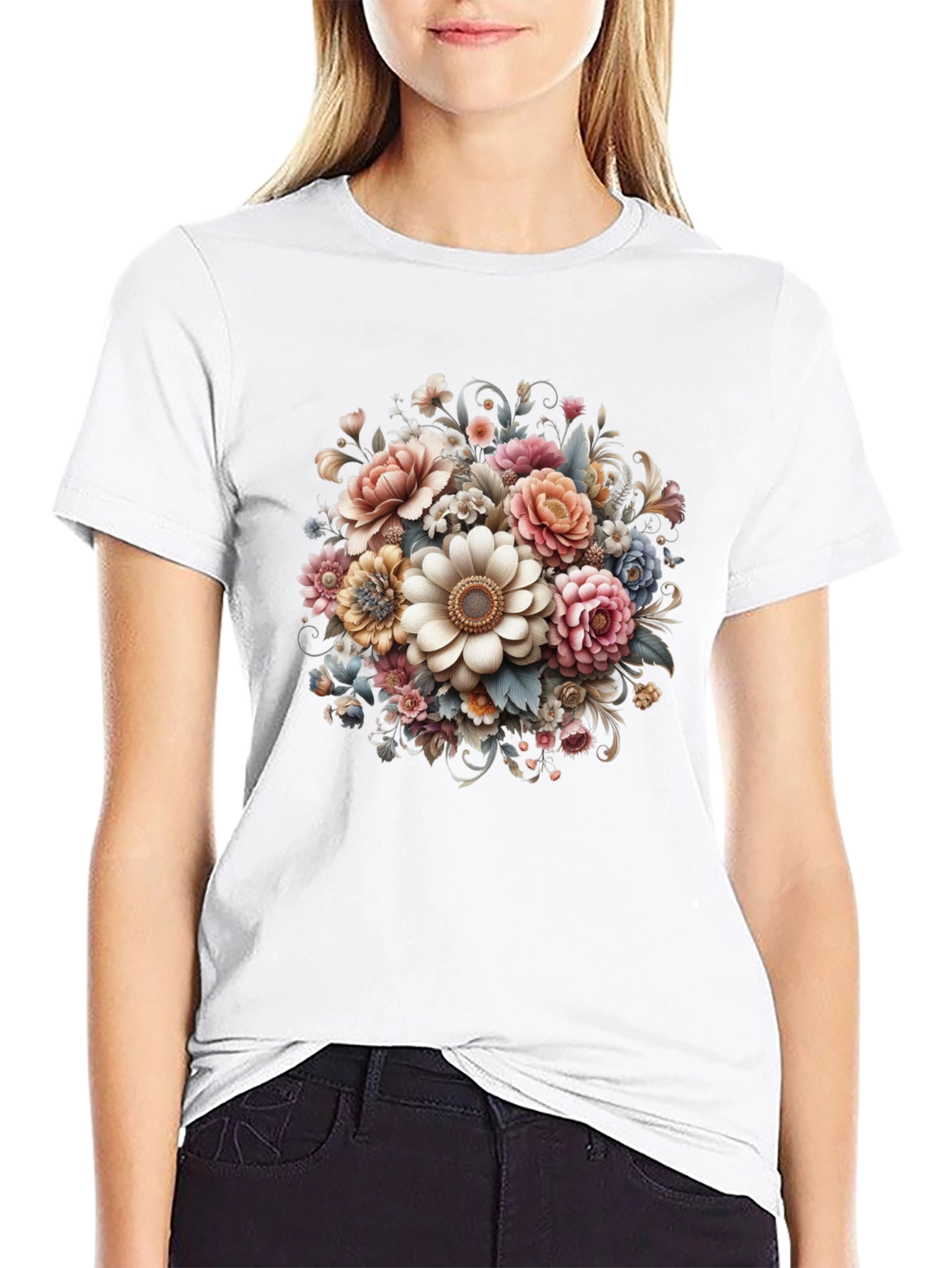 Black Floral Bouquet Graphic Black T-Shirt view 9