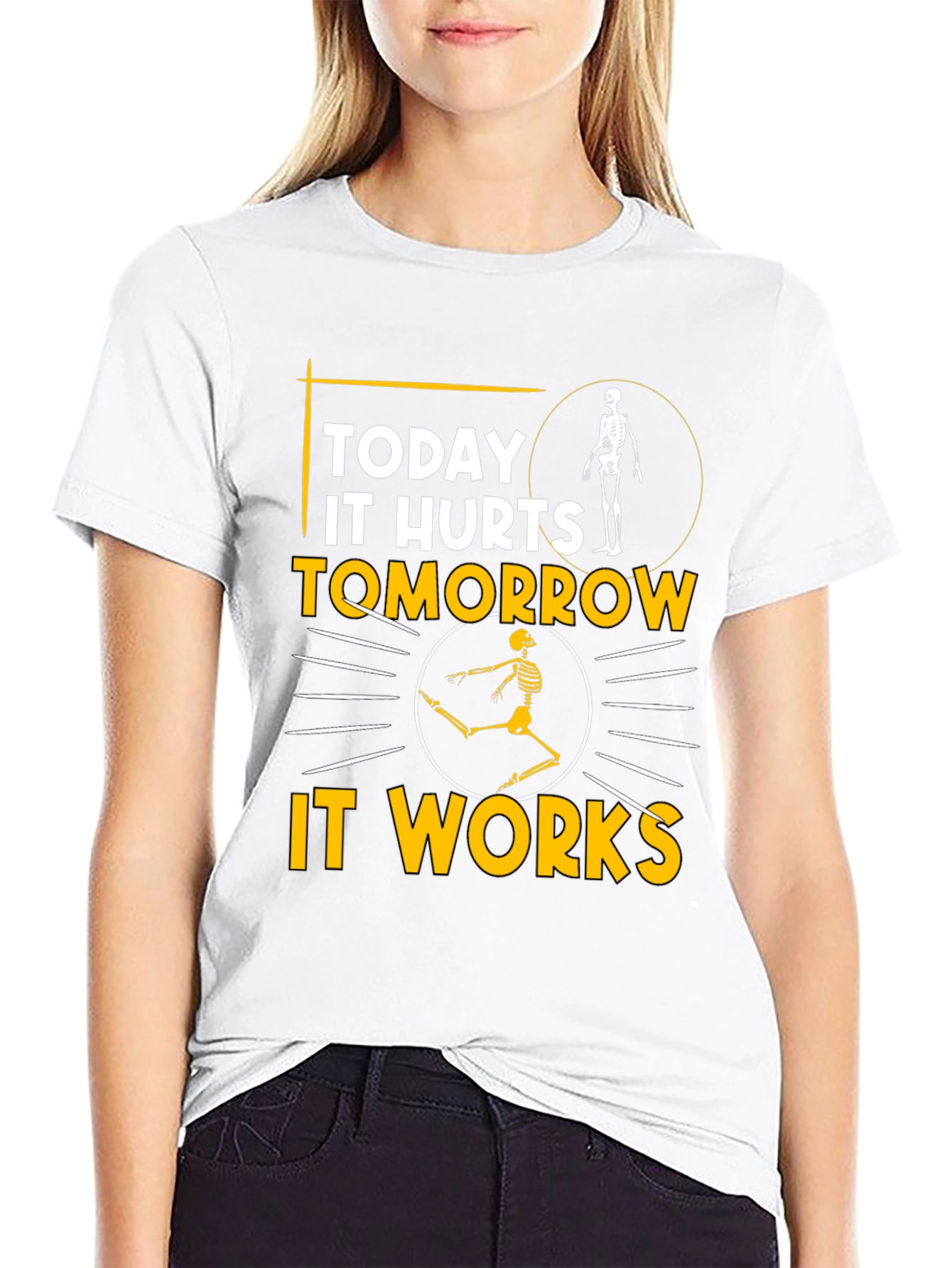 Black Funny Skeleton T-Shirt: Today It Hurts, Tomorrow It Works view 9