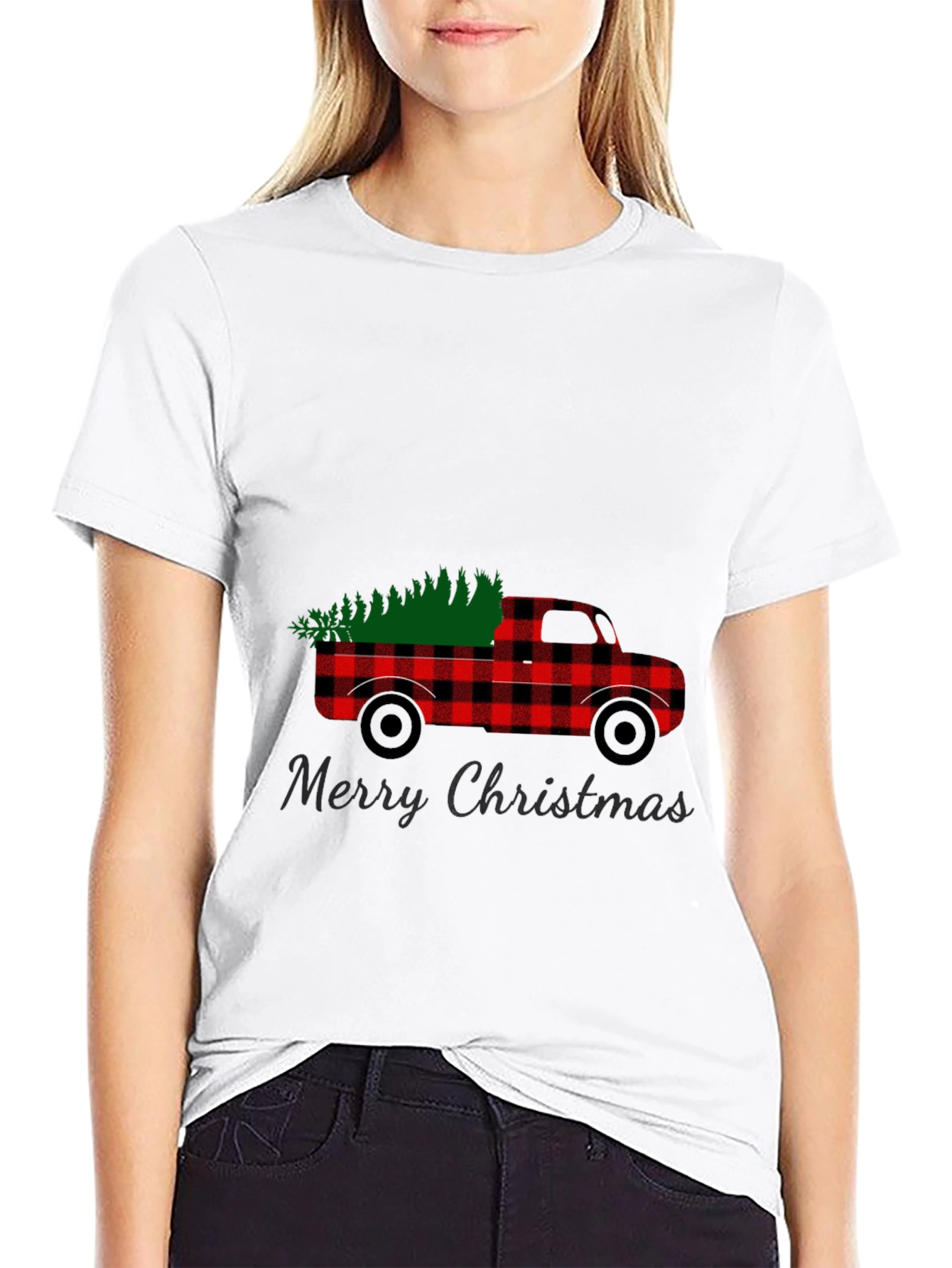 Black Merry Christmas Buffalo Plaid Truck T-Shirt view 9
