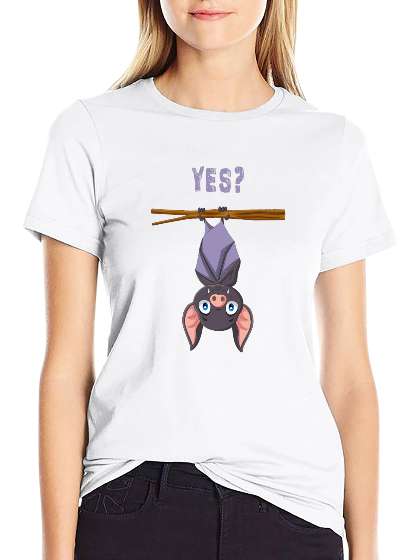 Black Cartoon Bat T-Shirt - Hanging Yes? Graphic Tee view 9