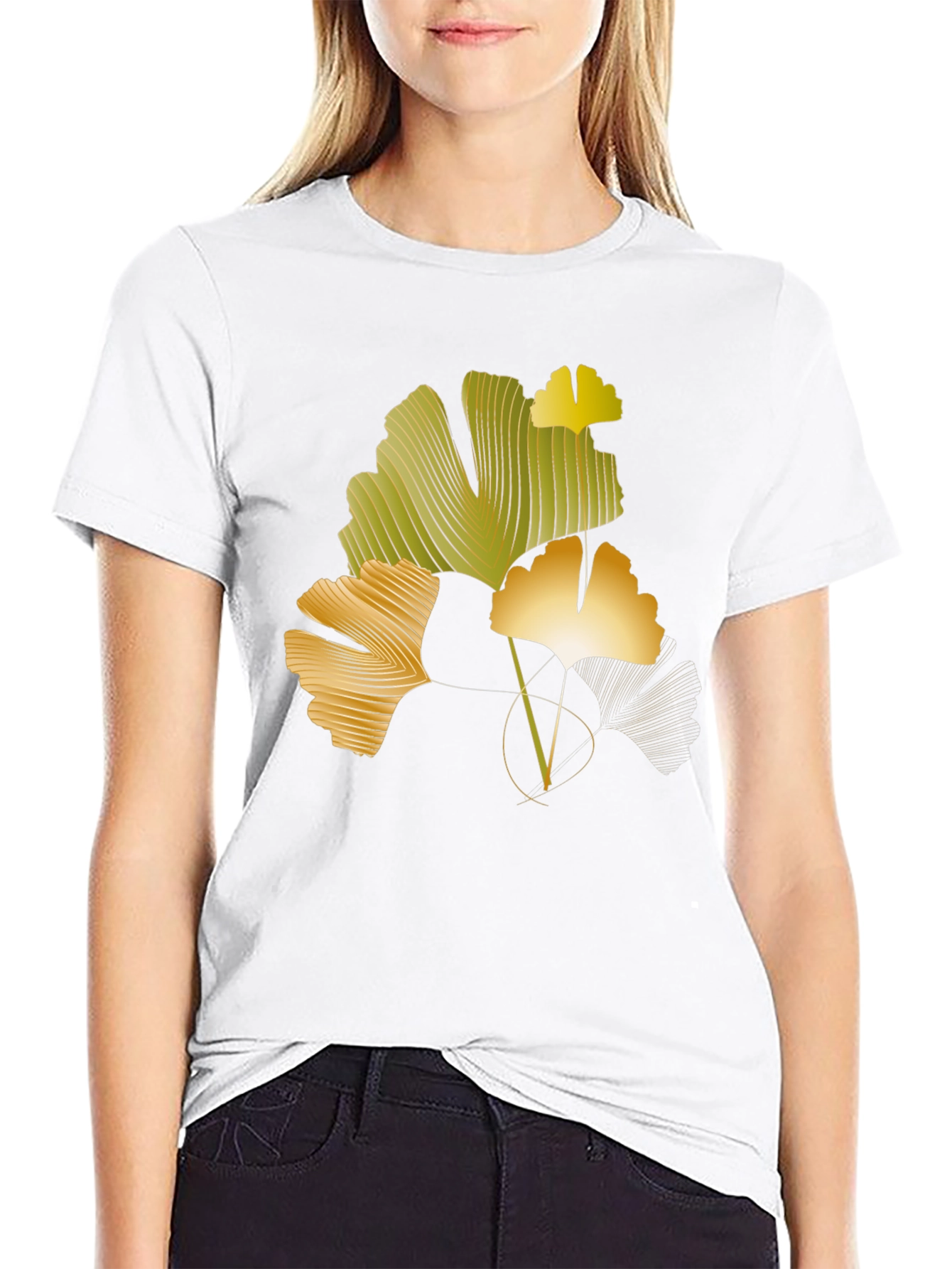 Black Ginkgo Leaf Graphic Black T-Shirt view 9