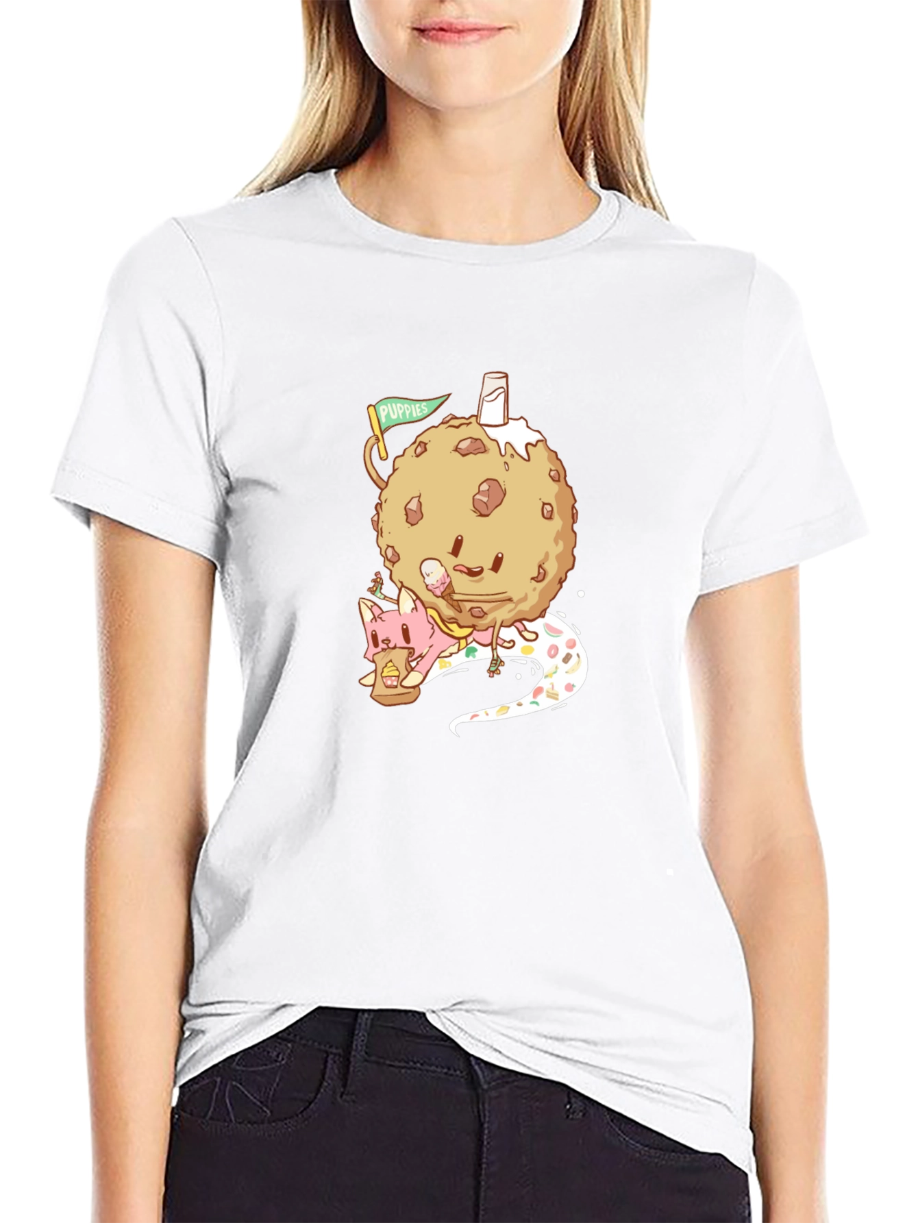 Black Cookie and Cat Graphic Tee - Fun Black T-Shirt view 9
