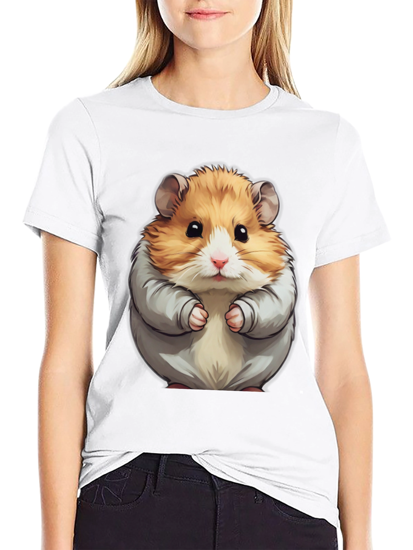Black Cute Hamster Graphic Tee - Black Cotton T-Shirt view 9