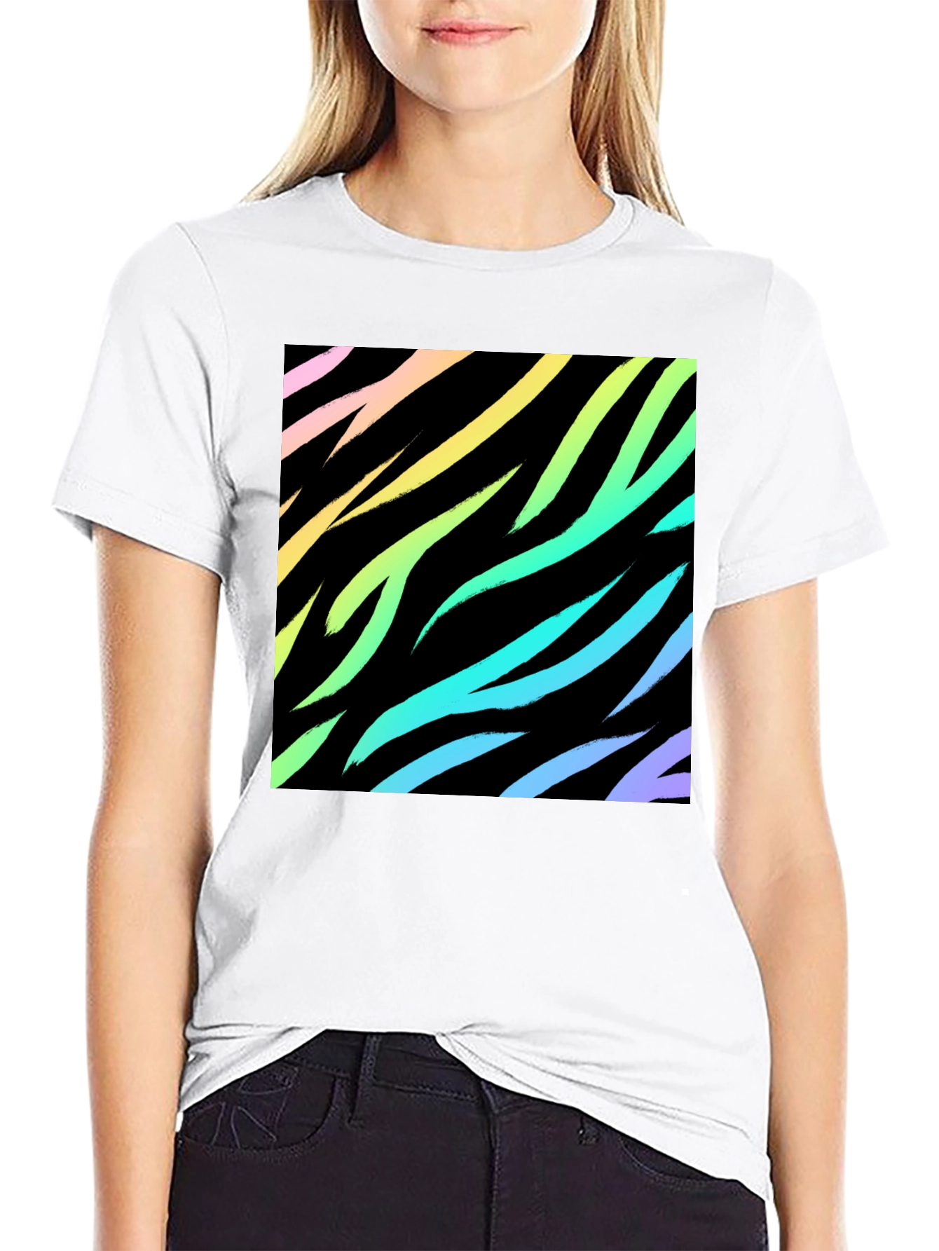 Black Rainbow Zebra Print Black T-Shirt view 9
