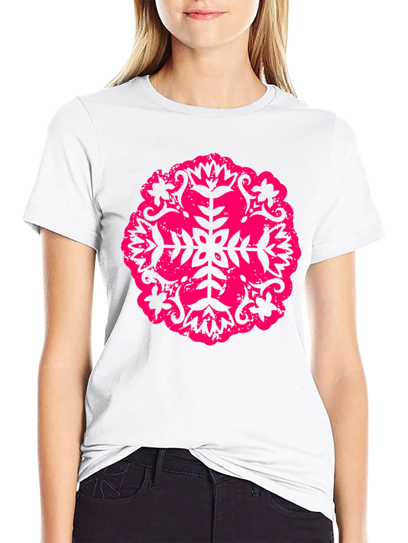 Black Black Tee with Pink Floral Mandala Design view 9