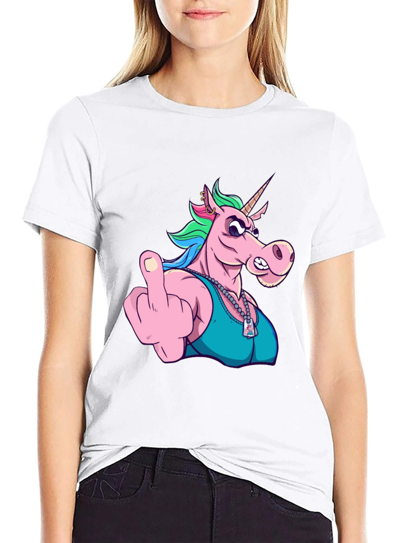 Black Funny Unicorn Middle Finger Graphic Tee view 9