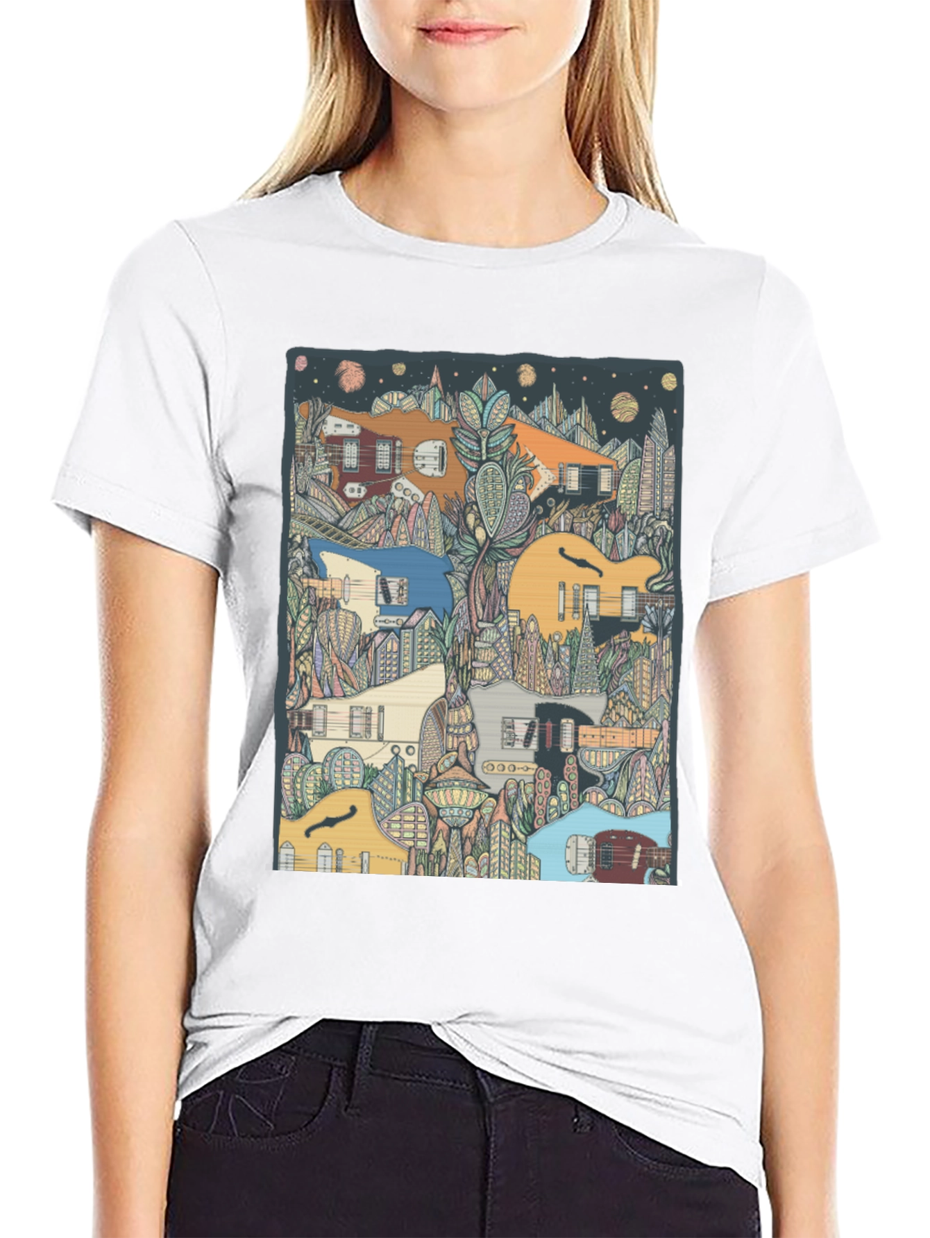 Black Guitar Cityscape T-Shirt - Music Lover Tee view 9
