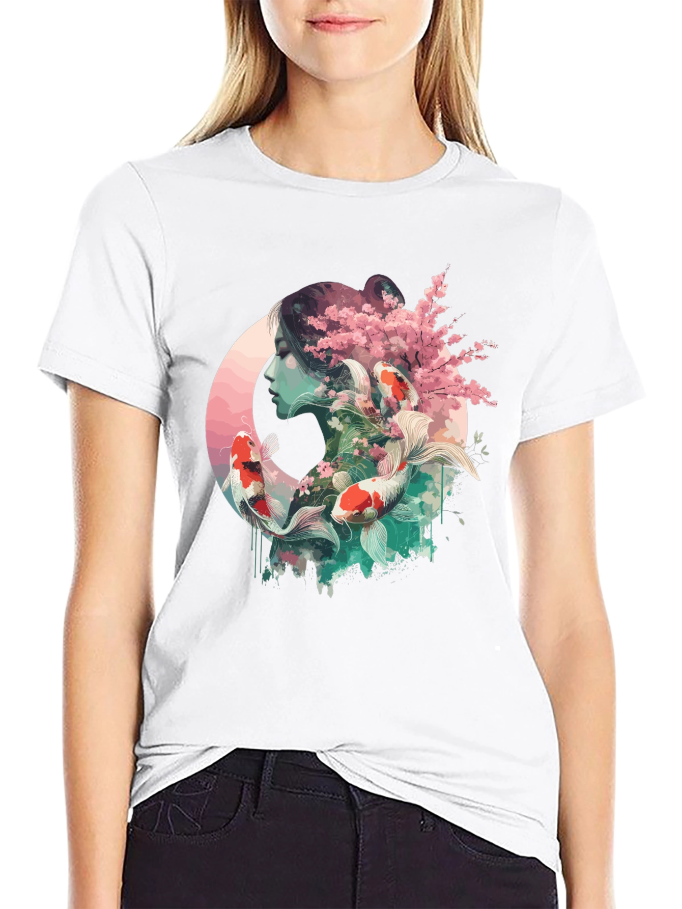 Black Koi Fish & Cherry Blossom Graphic Tee view 9