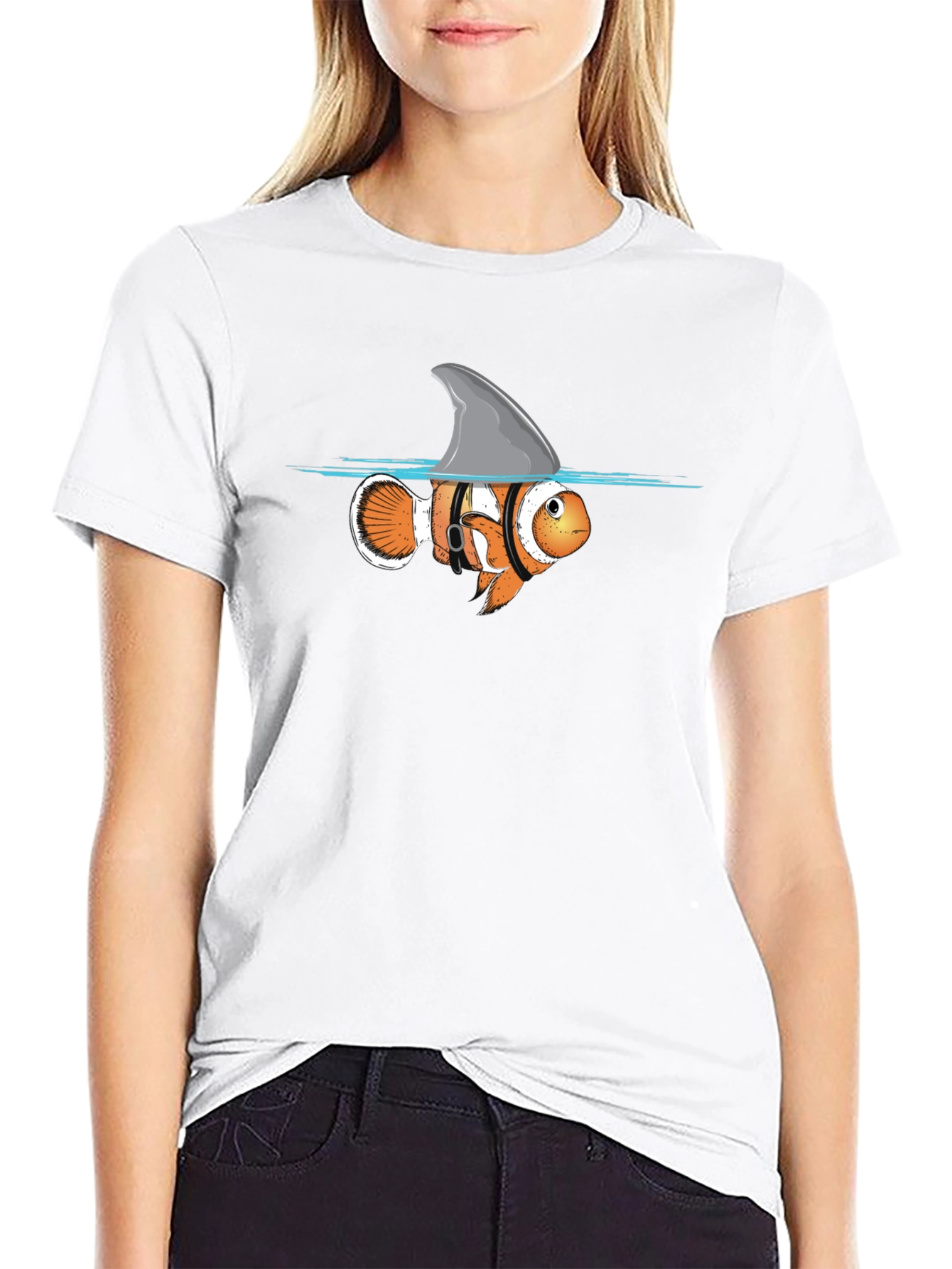 Black Funny Clownfish Shark Fin Graphic T-Shirt view 9