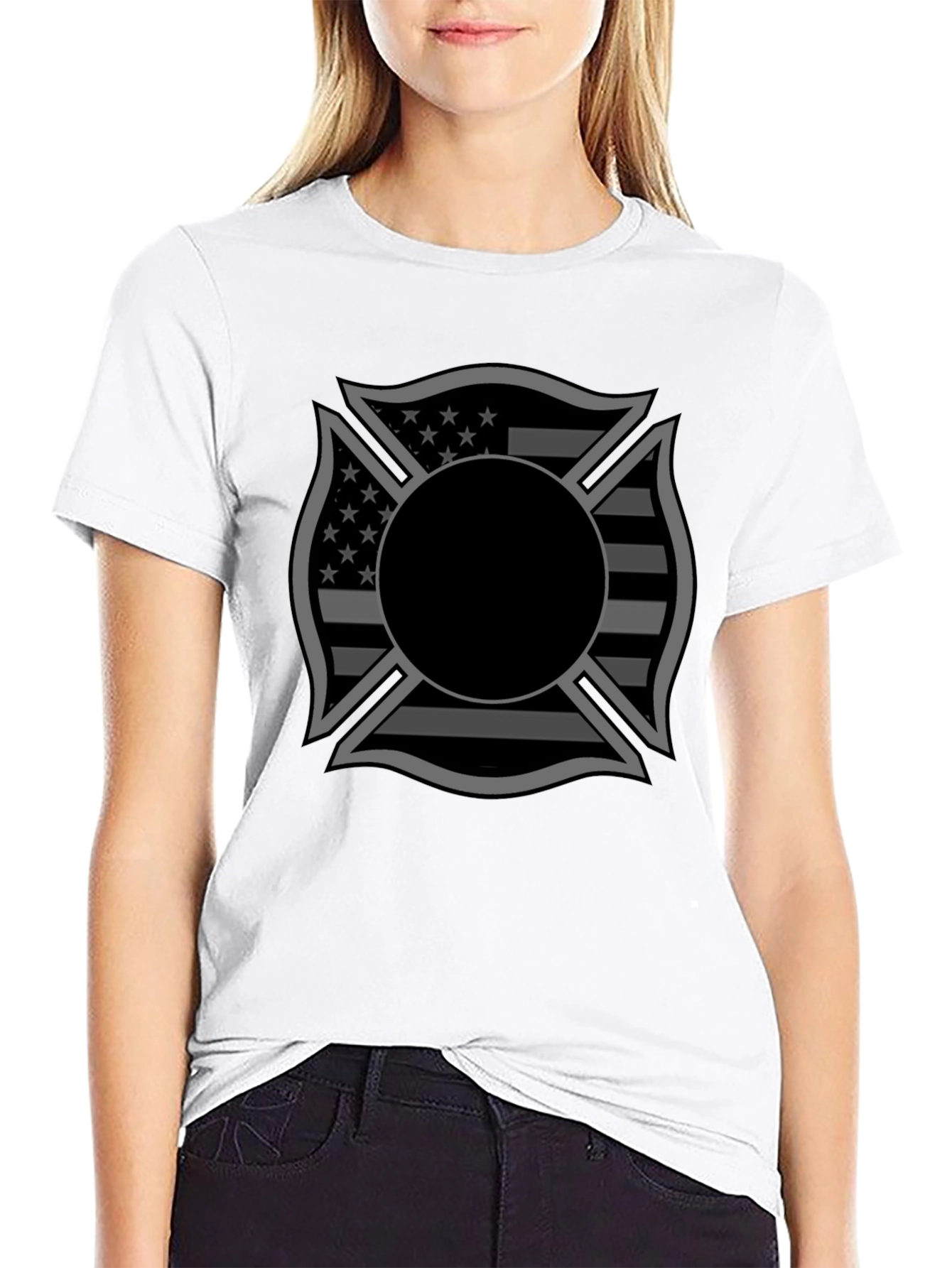 Black Firefighter Maltese Cross American Flag Graphic T-Shirt view 9