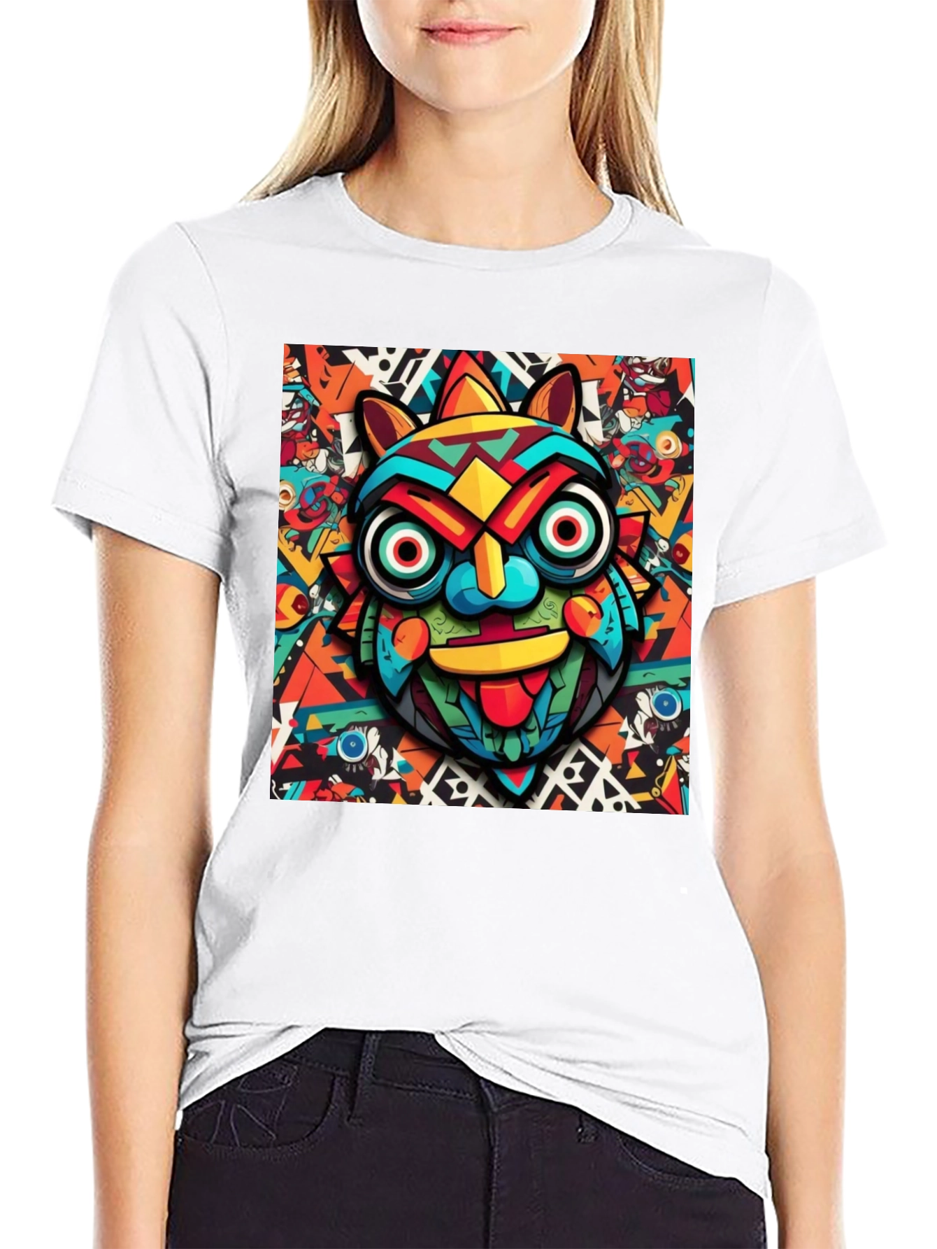 Black Bold Graphic Tee - Colorful Tribal Mask Design view 9