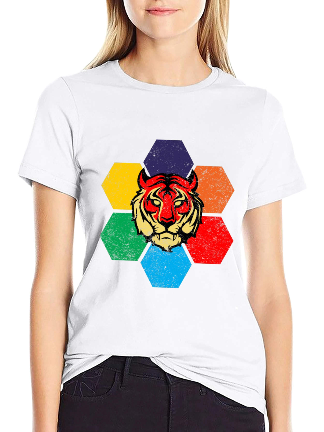 Black Retro Tiger Graphic Tee - Colorful Hexagon Design view 9