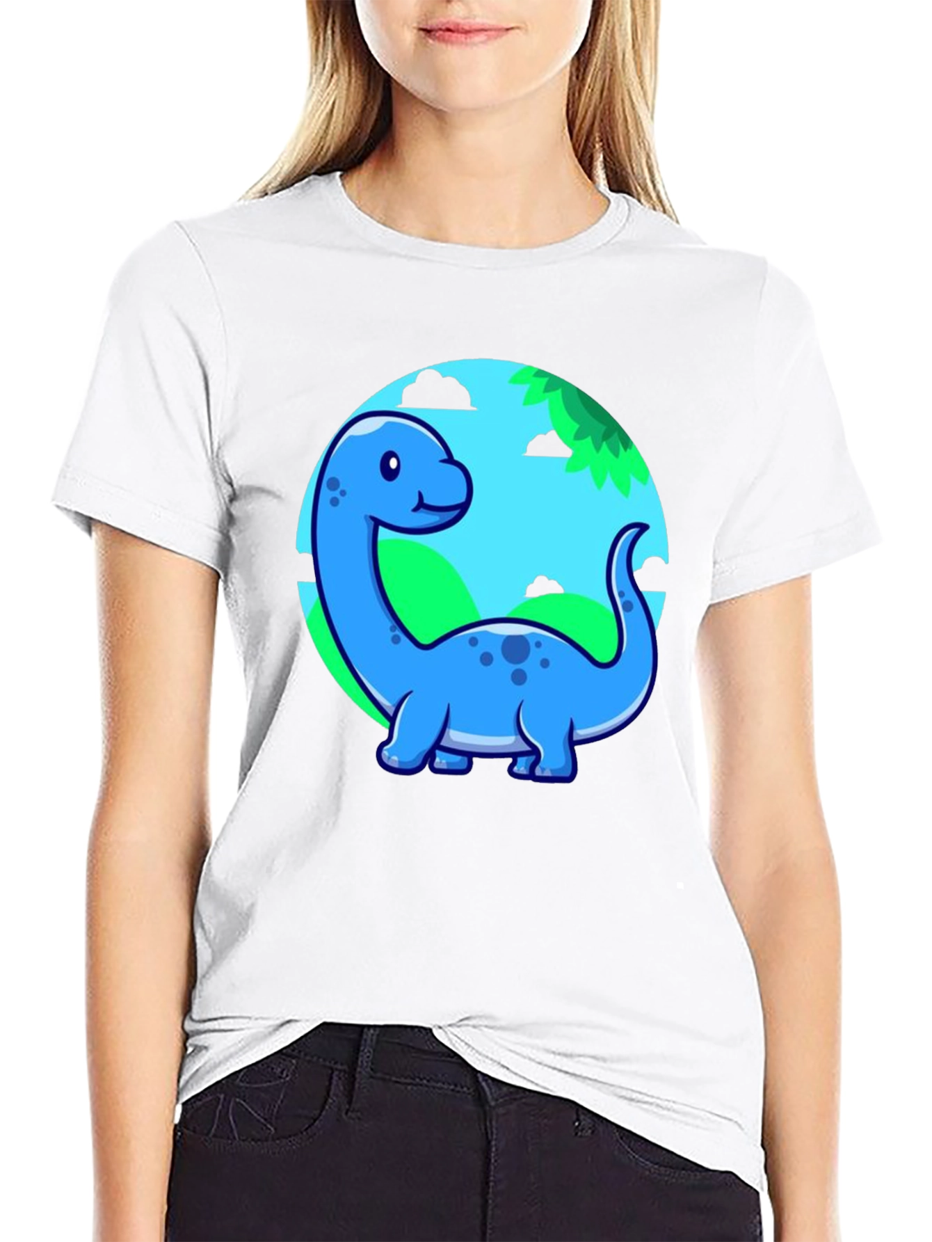 Black Cute Blue Cartoon Dinosaur T-Shirt view 9