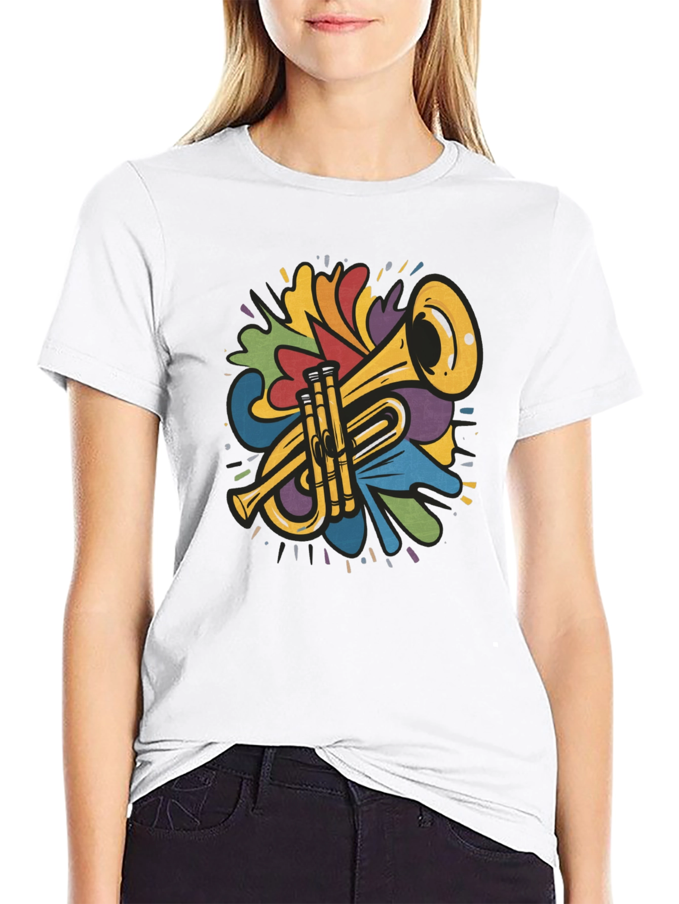 Black Colorful Trumpet Design Black T-Shirt view 9
