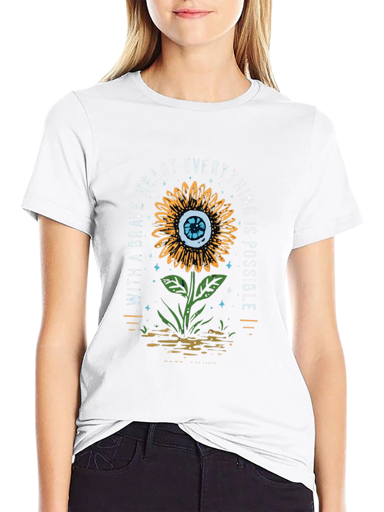 Black Brave Heart Sunflower Graphic Print T-Shirt view 9