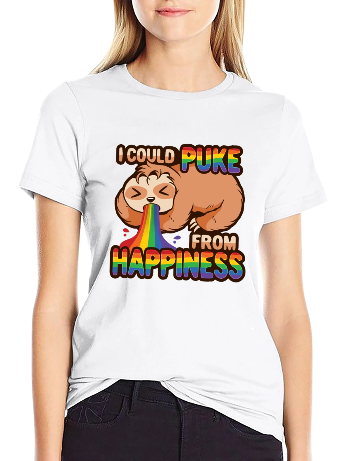 Black Sloth Rainbow Puke Happiness T-Shirt view 9
