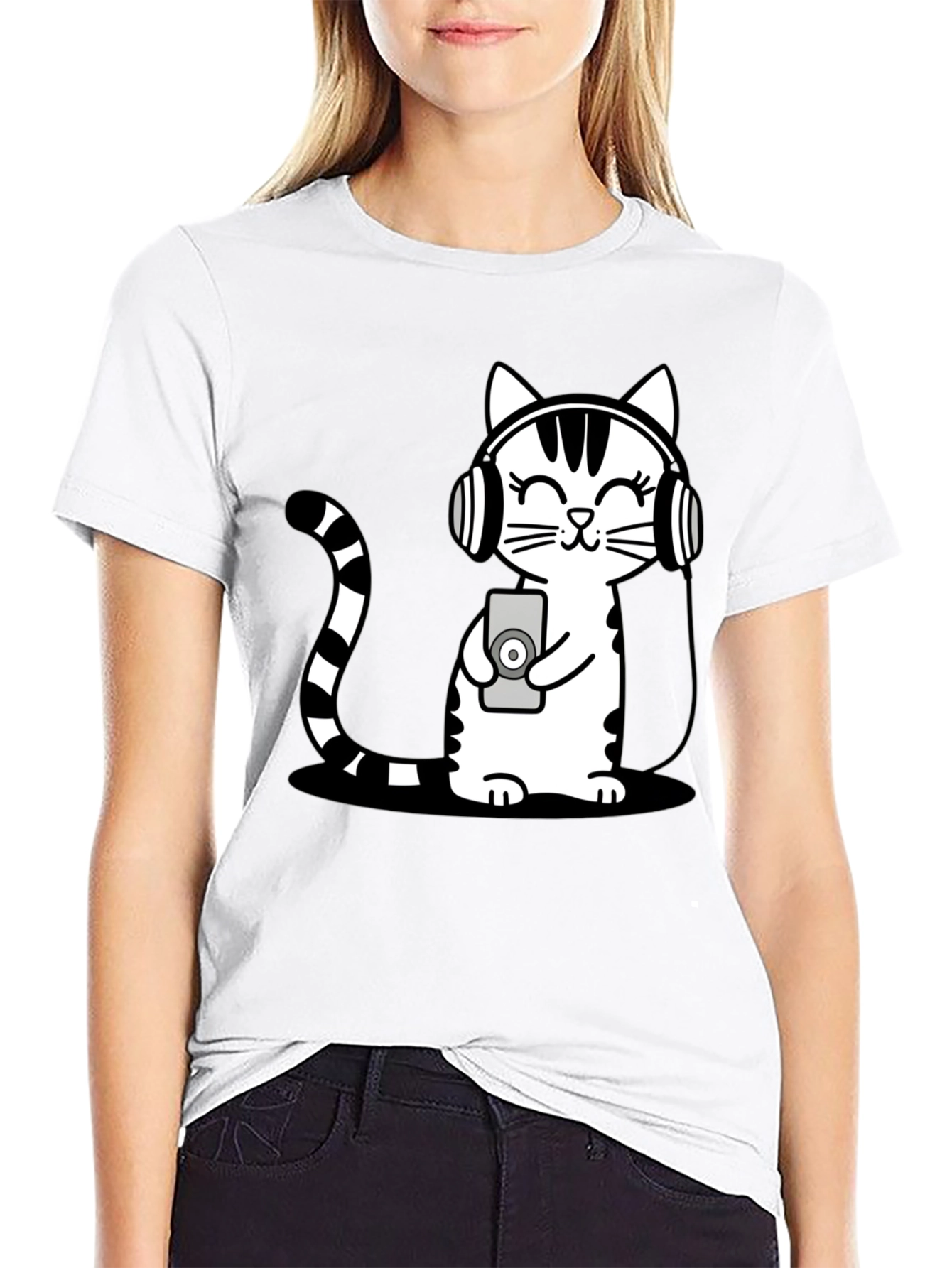 Black Cool Cat Headphones Graphic T-Shirt view 9