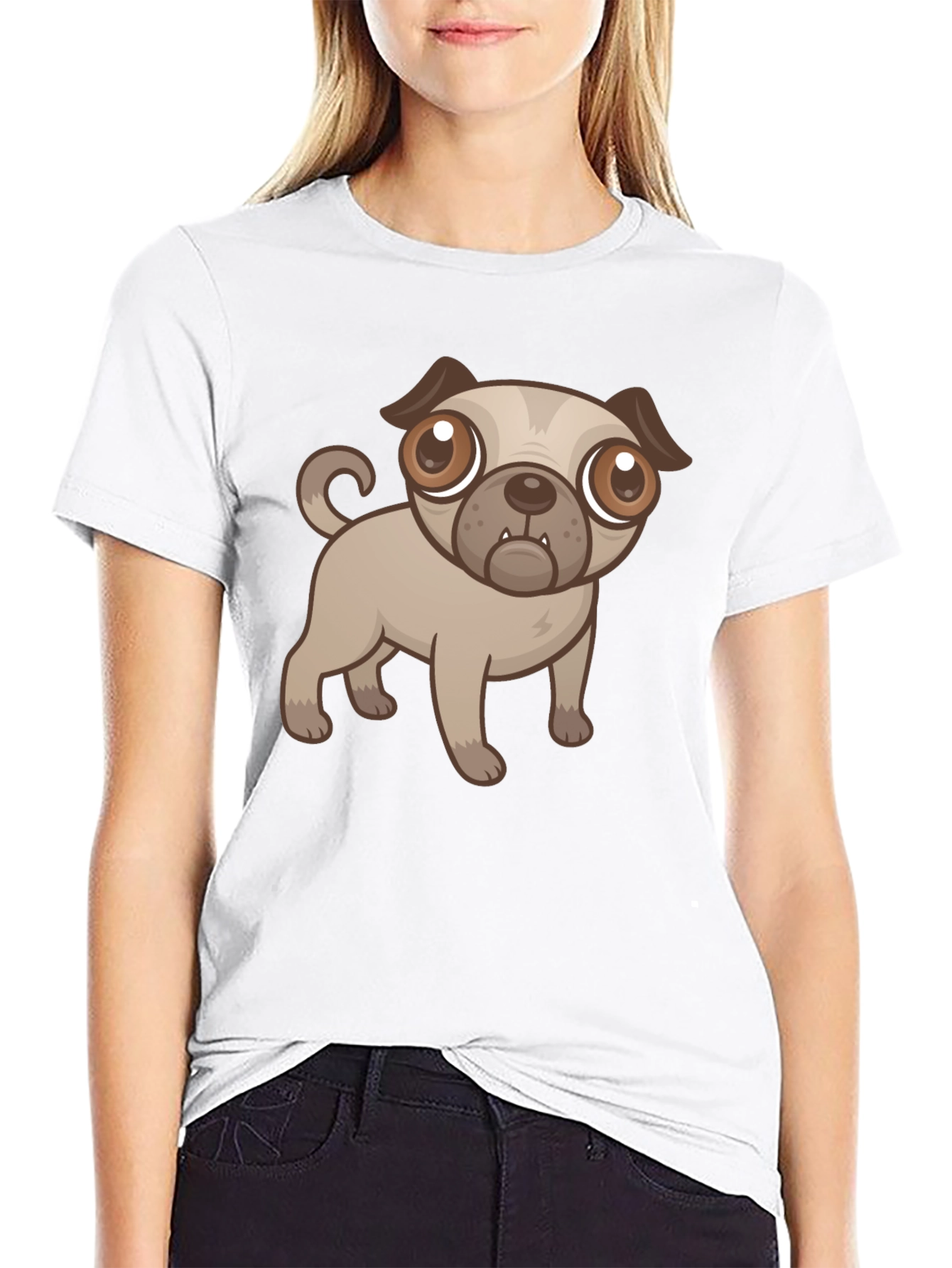Black Cute Cartoon Pug Dog Black T-Shirt view 9