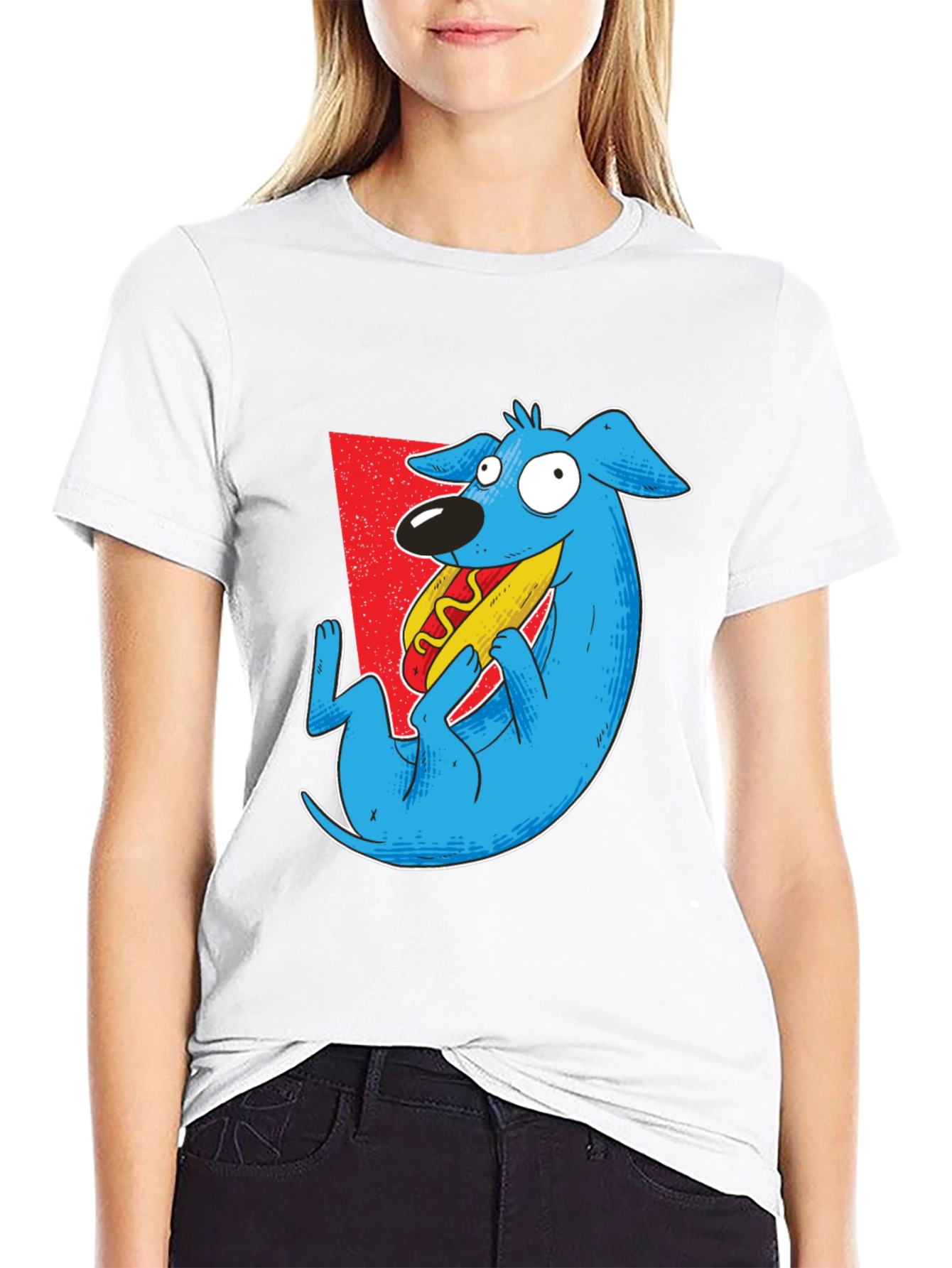 Black Cartoon Dog Eating Hotdog Graphic Tee - Black view 9