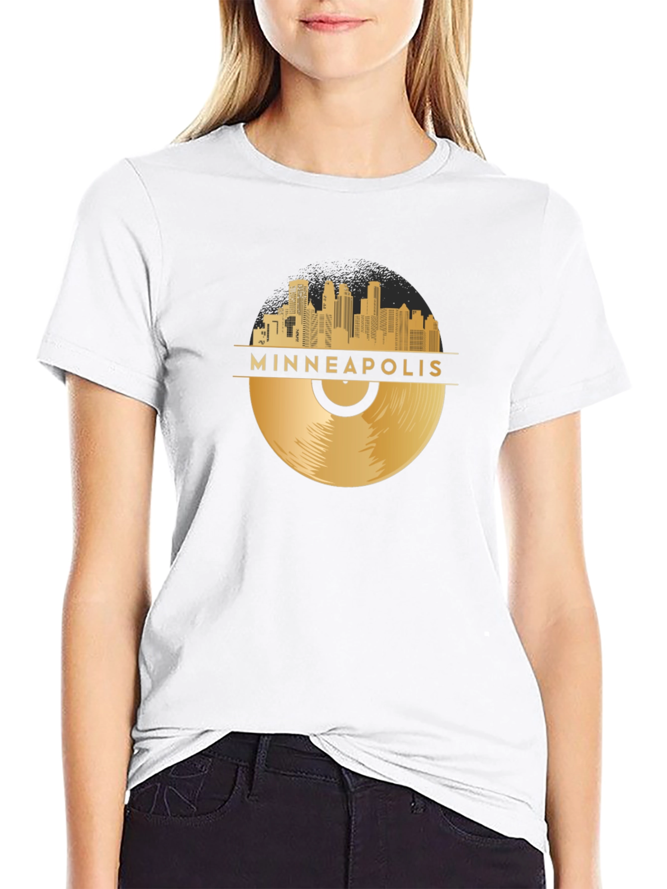 Black Minneapolis Gold Record Skyline Black T-Shirt view 9