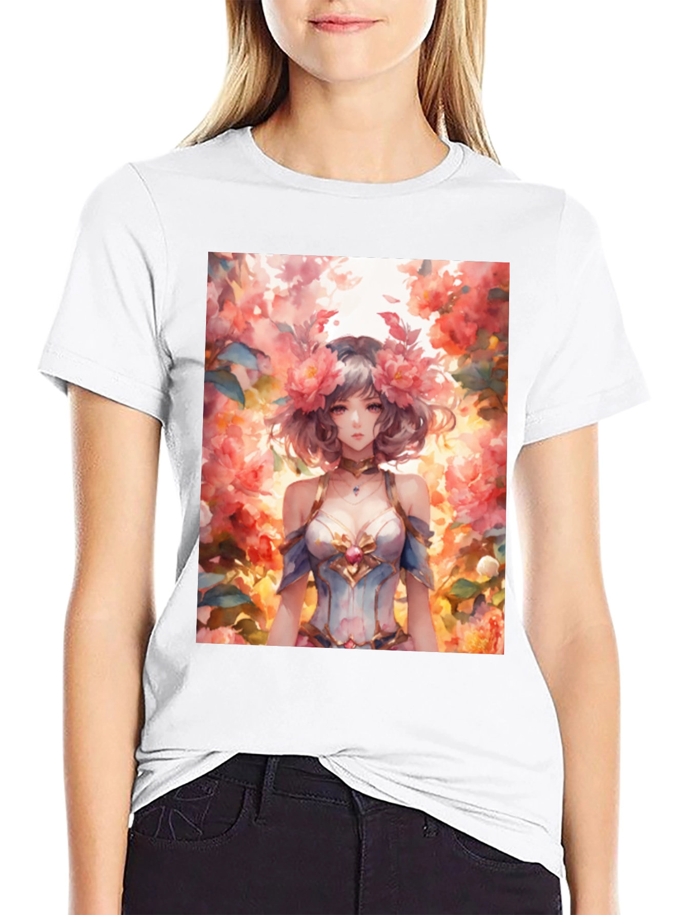 Black Floral Anime Girl Graphic Tee - Stylish & Unique view 9