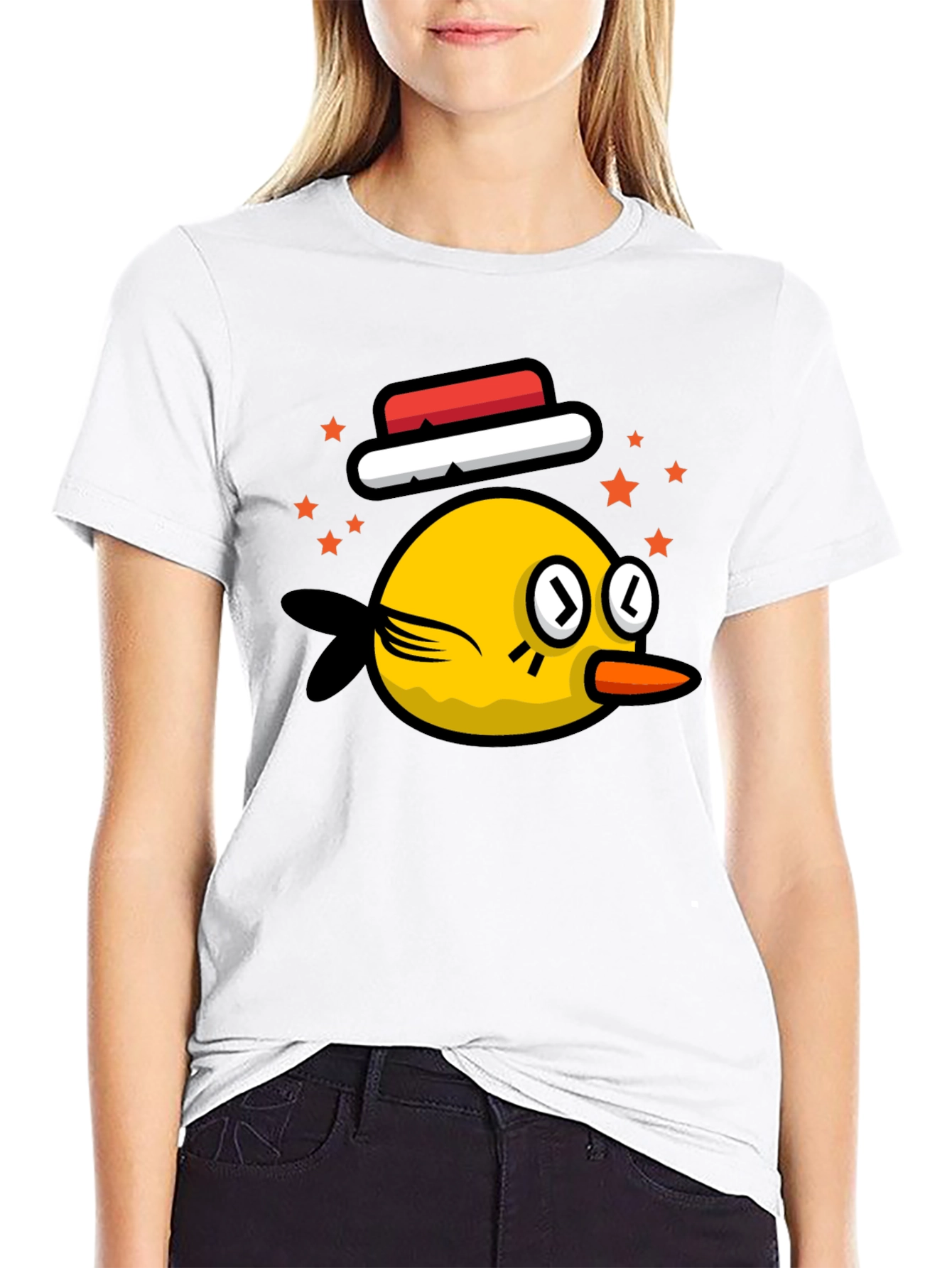 Black Cartoon Bird Graphic Tee - Black Cotton Casual T-Shirt view 9
