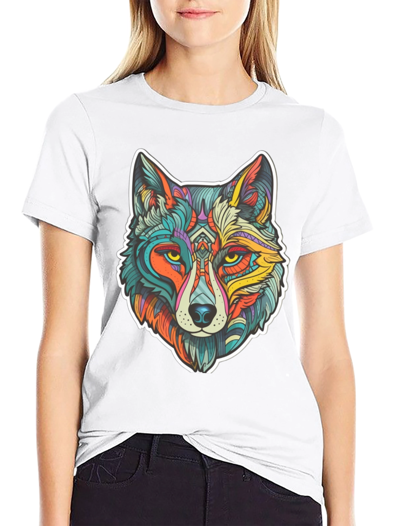Black Wolf Art Graphic Print Black T-Shirt view 9