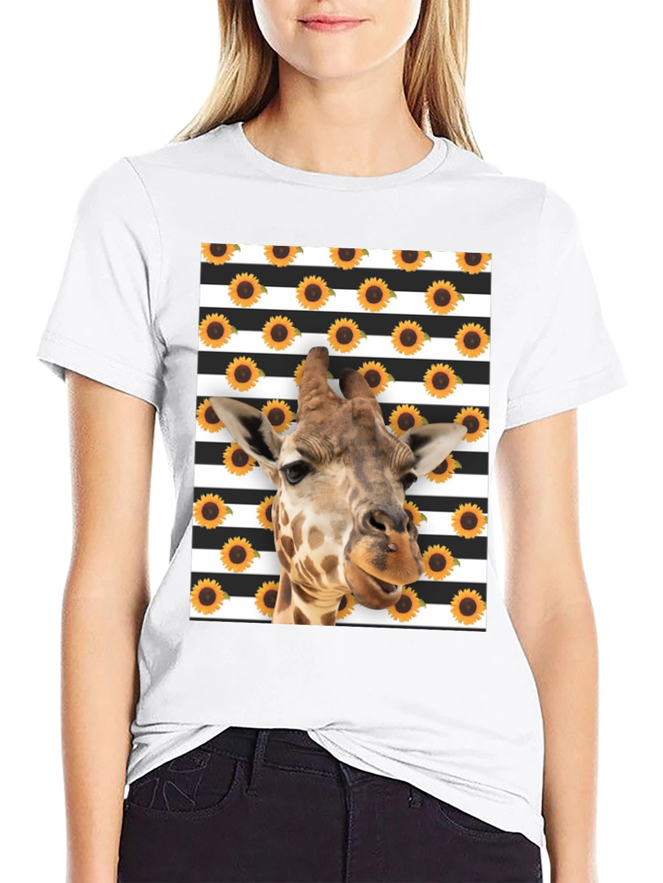 Black Giraffe Sunflower Striped Graphic Tee view 9