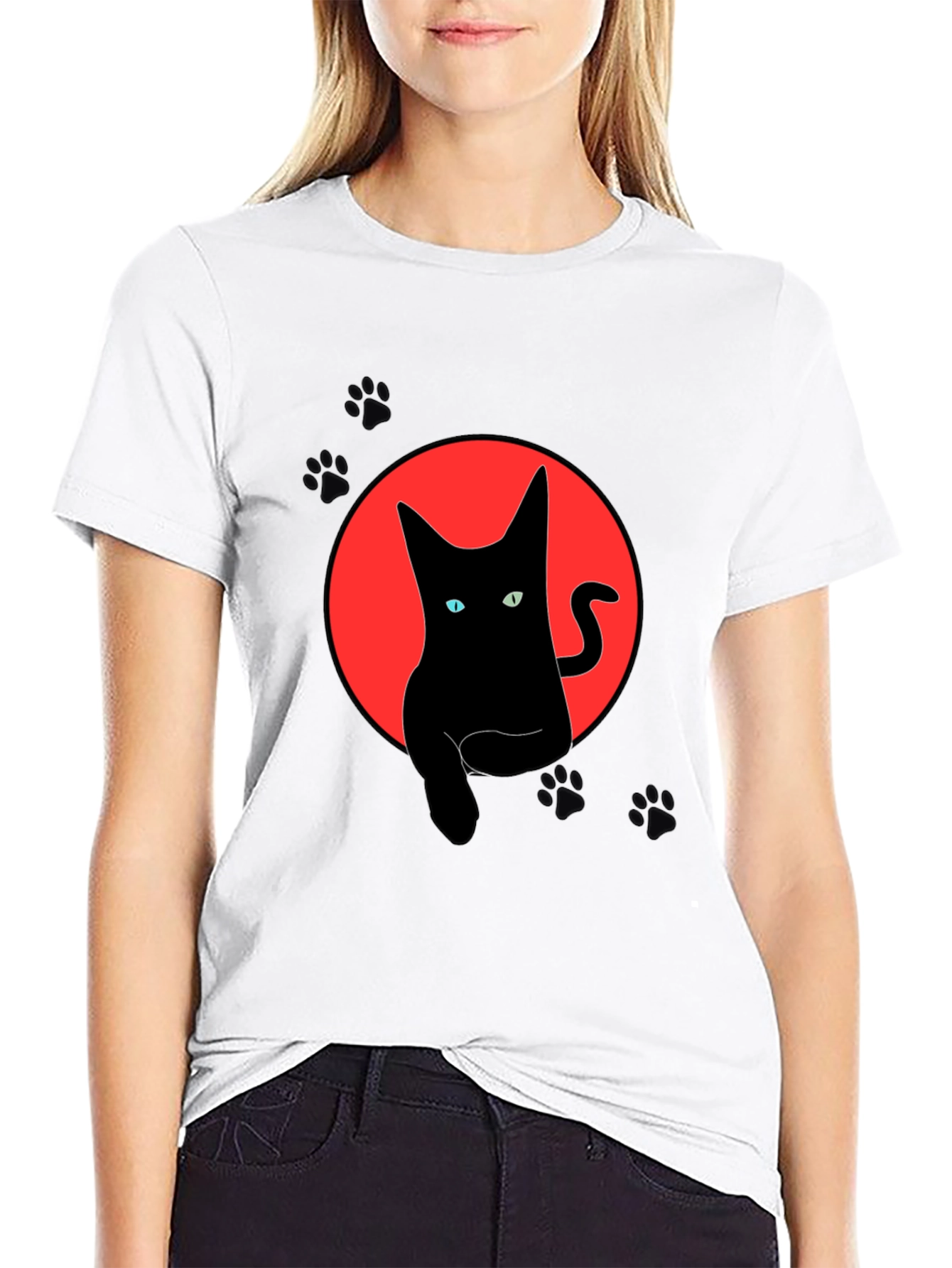 Black Black Cat Graphic Tee - Round Red Moon Design view 9
