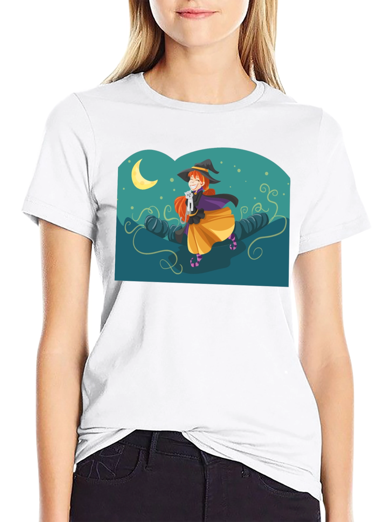 Black Whimsical Witch Graphic Tee - Black Cotton Shirt view 9