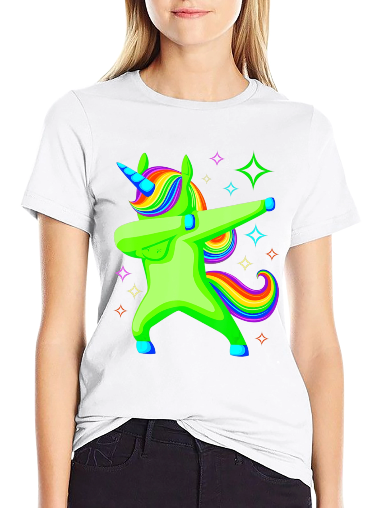 Black Dabbing Unicorn Graphic Tee - Rainbow Mane Black T-Shirt view 9