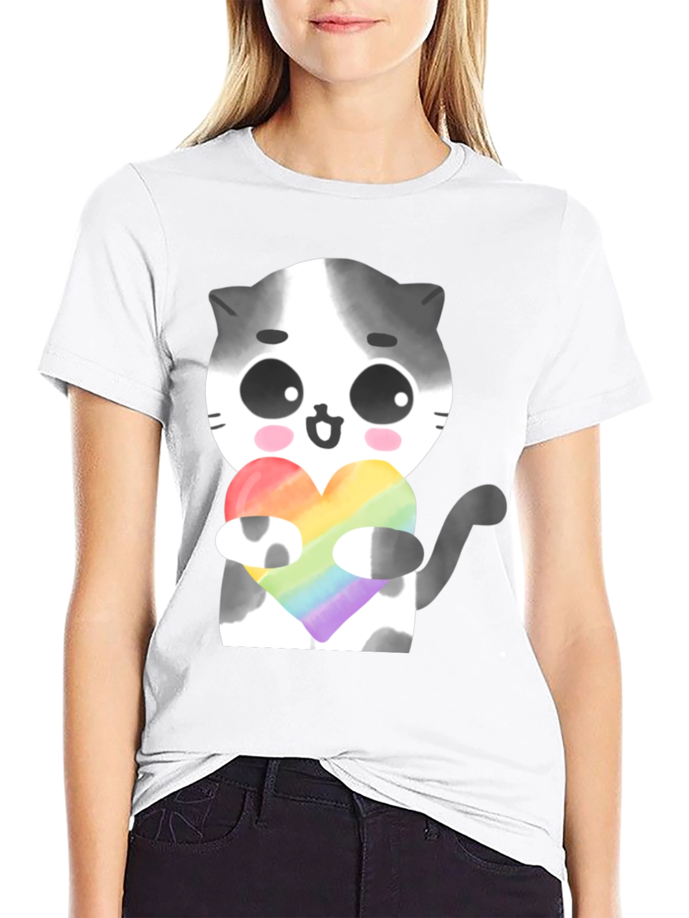 Black Cute Cat Holding Rainbow Heart T-Shirt view 9