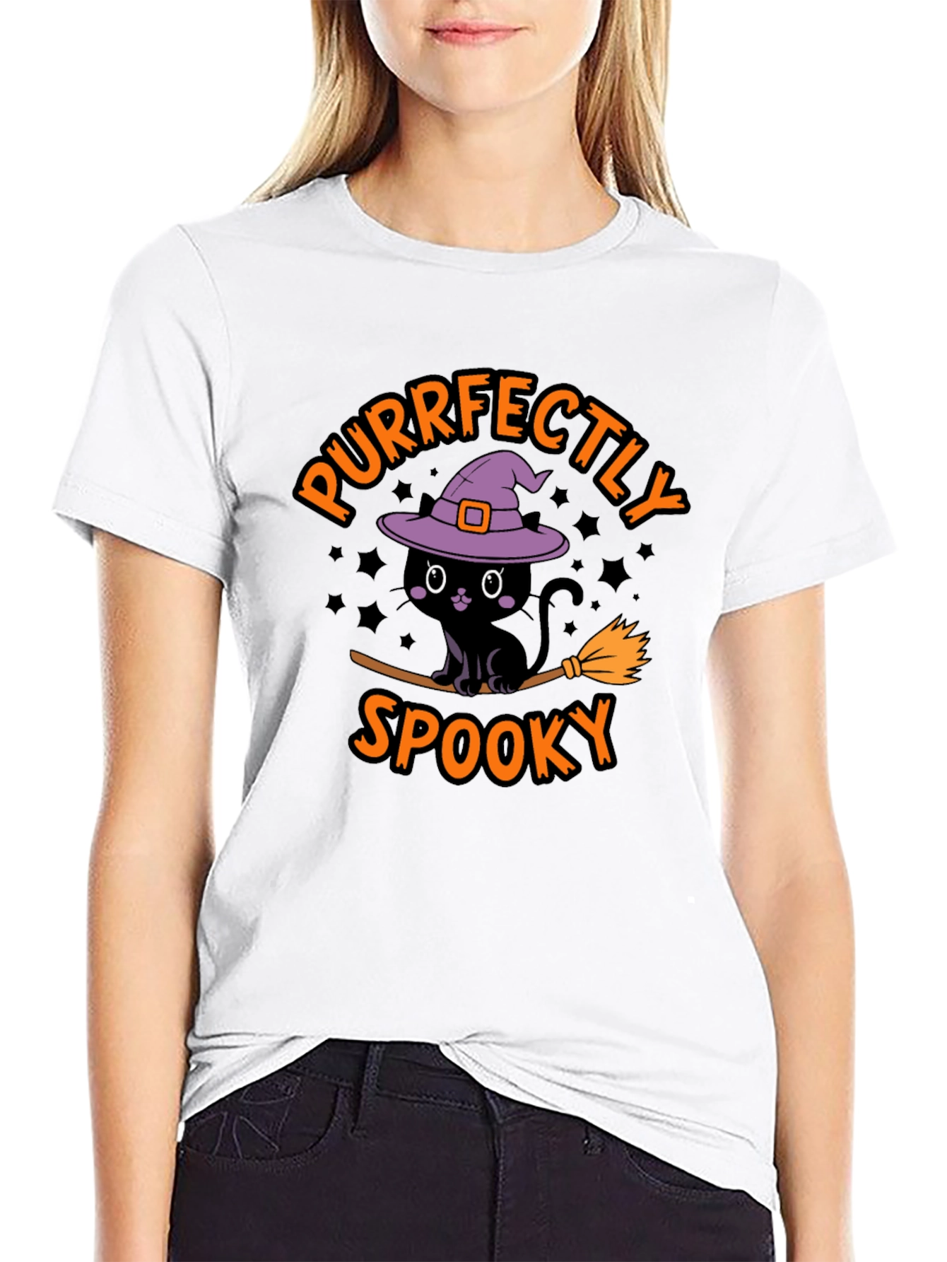 Black Purrfectly Spooky Halloween Black Cat T-Shirt view 9