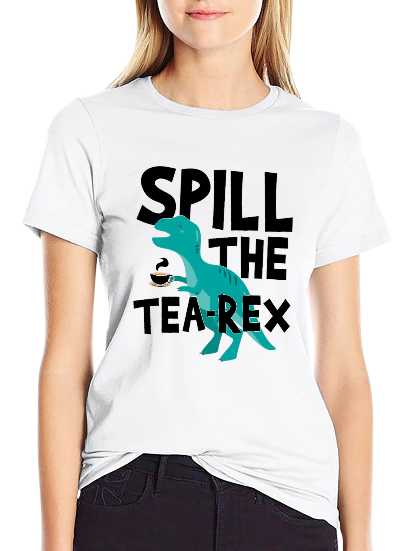 Black Spill the Tea-Rex T-Shirt - Funny Dinosaur Graphic Tee view 9