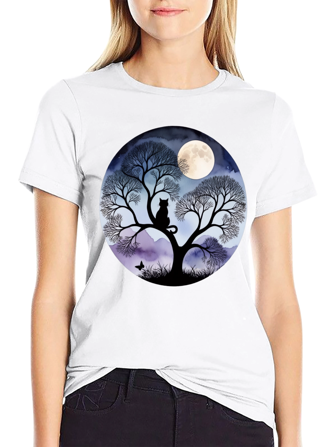 Black Moonlit Cat Tree Graphic Tee view 9