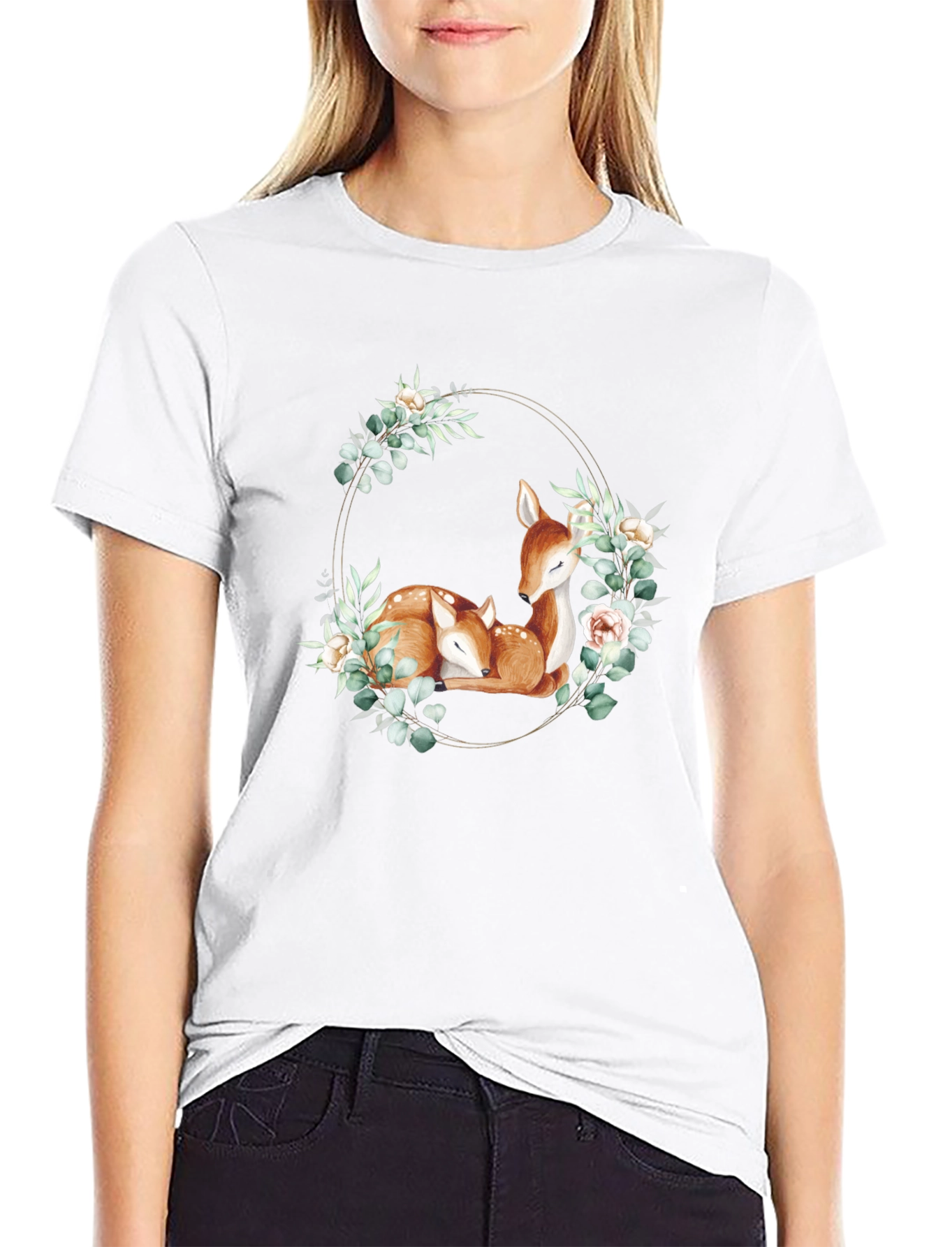 Black Deer Floral Wreath Black T-Shirt view 9