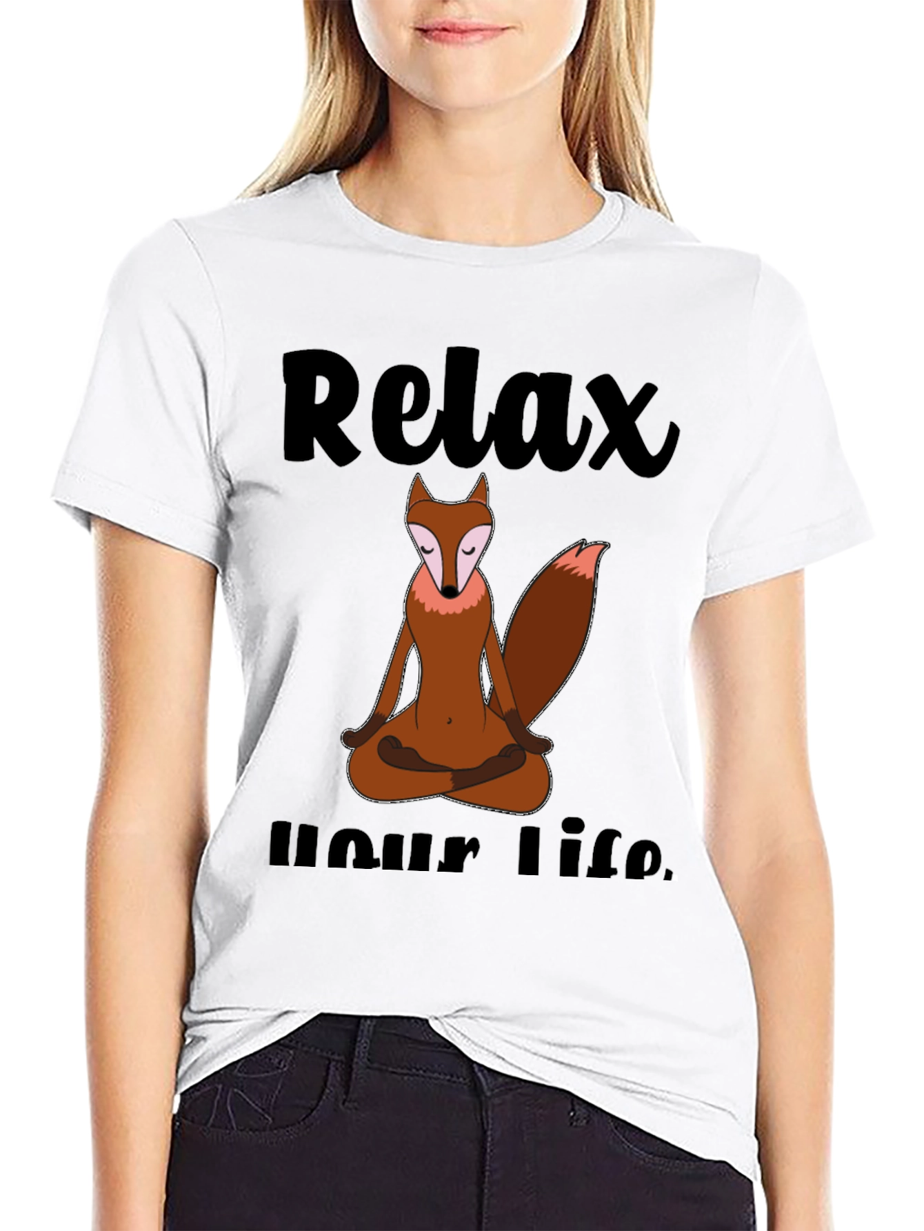Black Relax Your Life Meditation Fox T-Shirt view 9