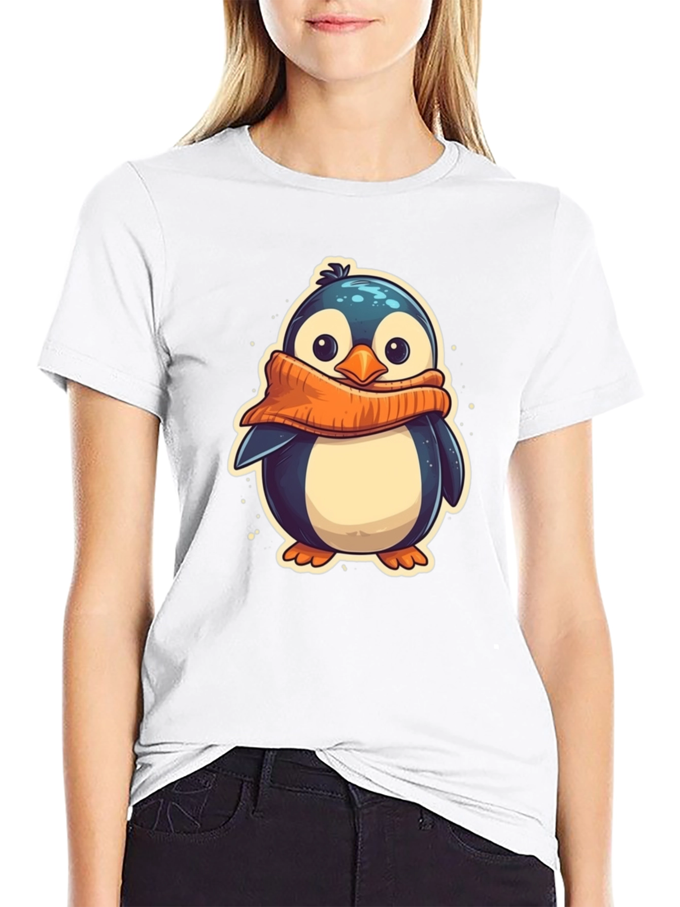 Black Cute Penguin Scarf Graphic Tee - Black Cotton T-Shirt view 9