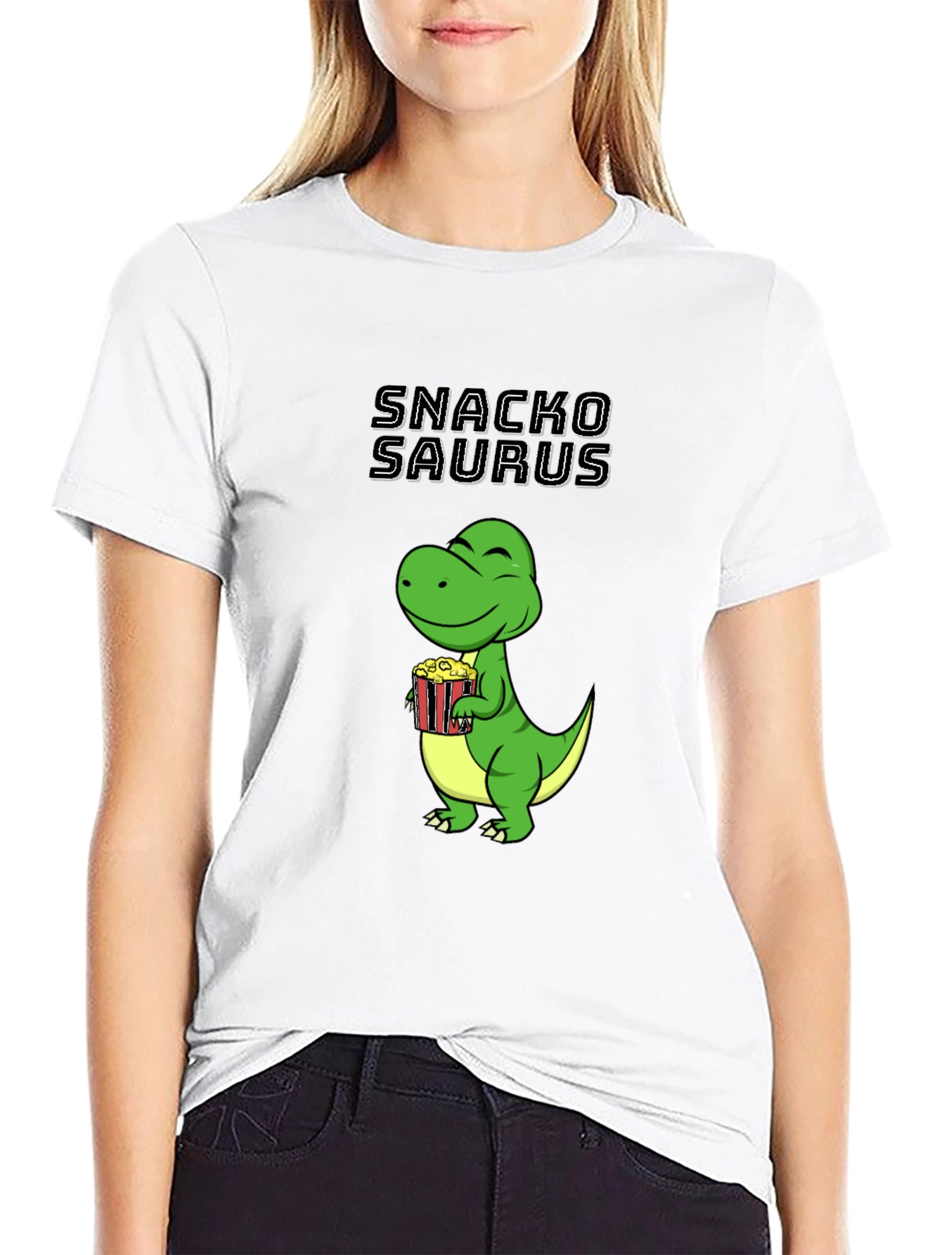 Black Snackosaurus T-Shirt - Funny Dinosaur Eating Popcorn Tee view 9