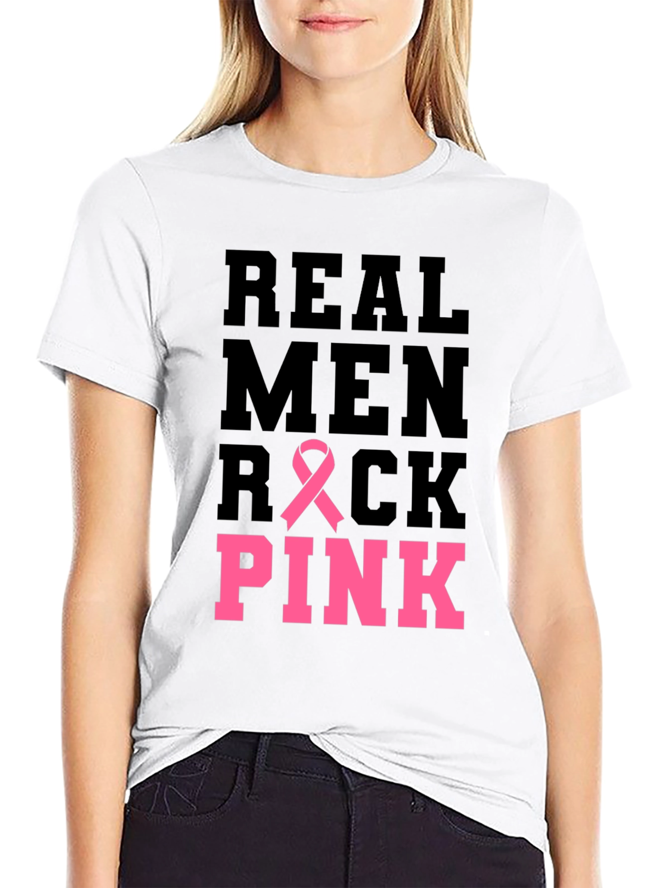 Black Real Men Rock Pink Breast Cancer Awareness T-Shirt view 9