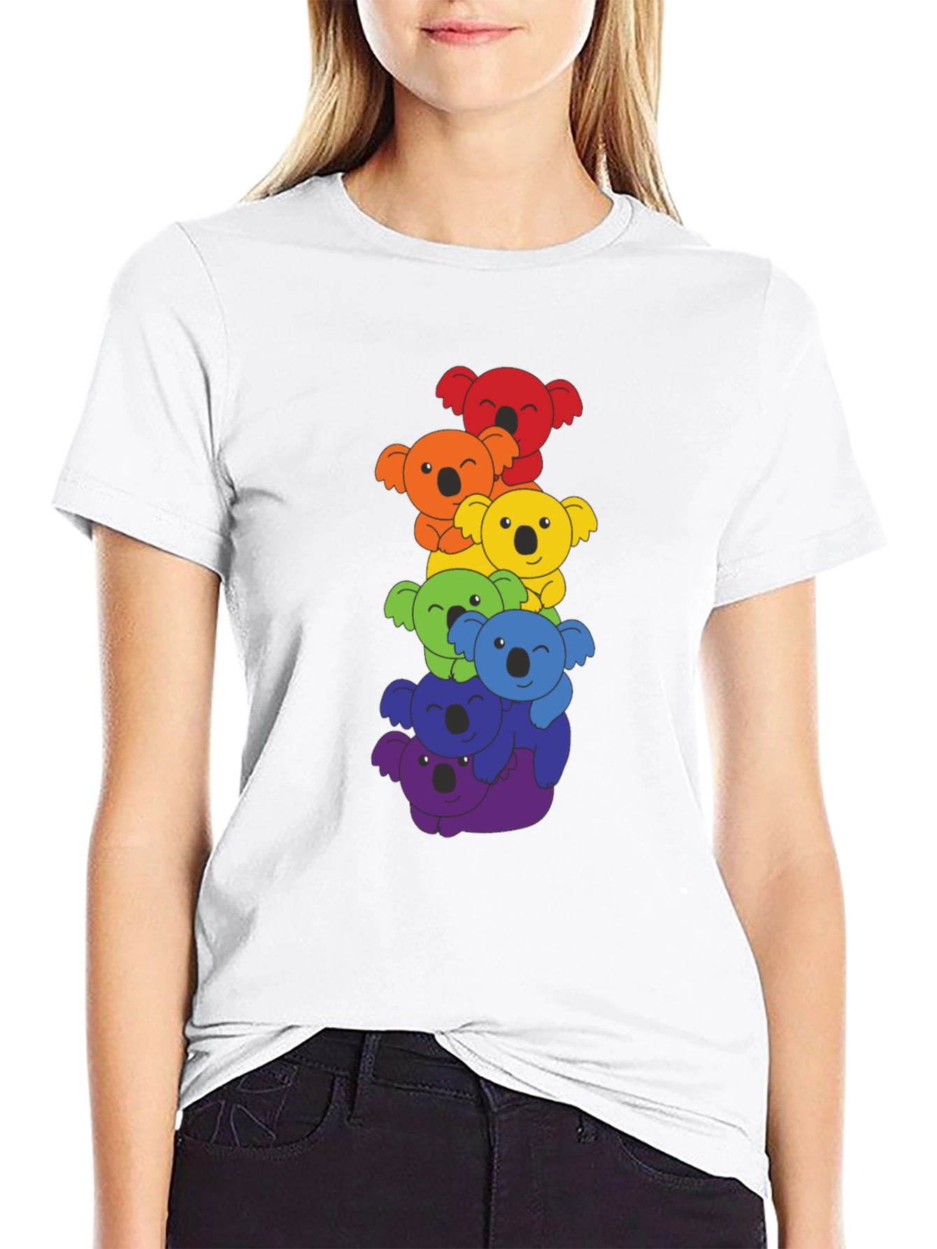 Black Rainbow Koala Stack Graphic Tee - Black Cotton Shirt view 9