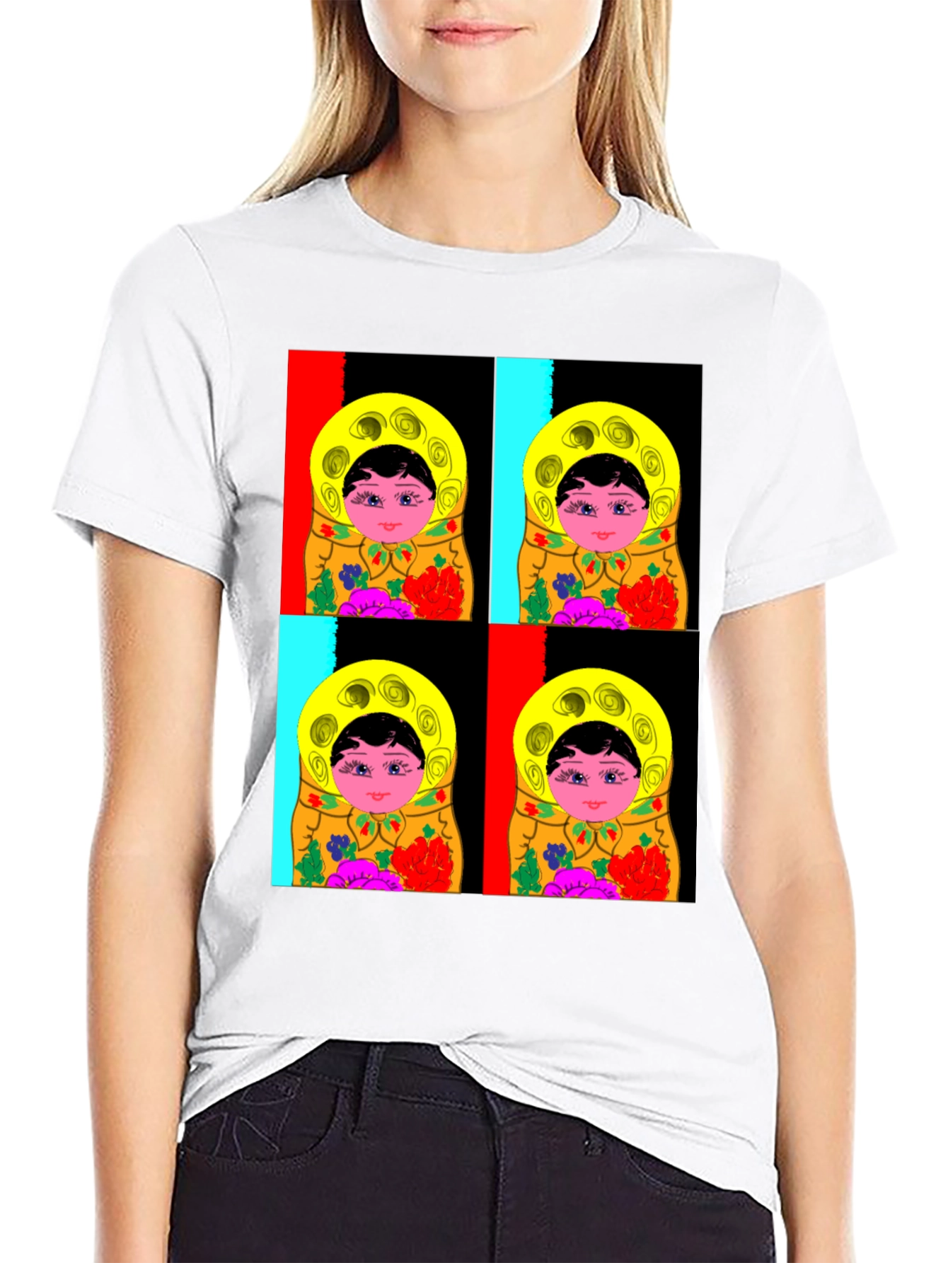 Black Matryoshka Doll Graphic T-Shirt, Black Cotton Tee view 9