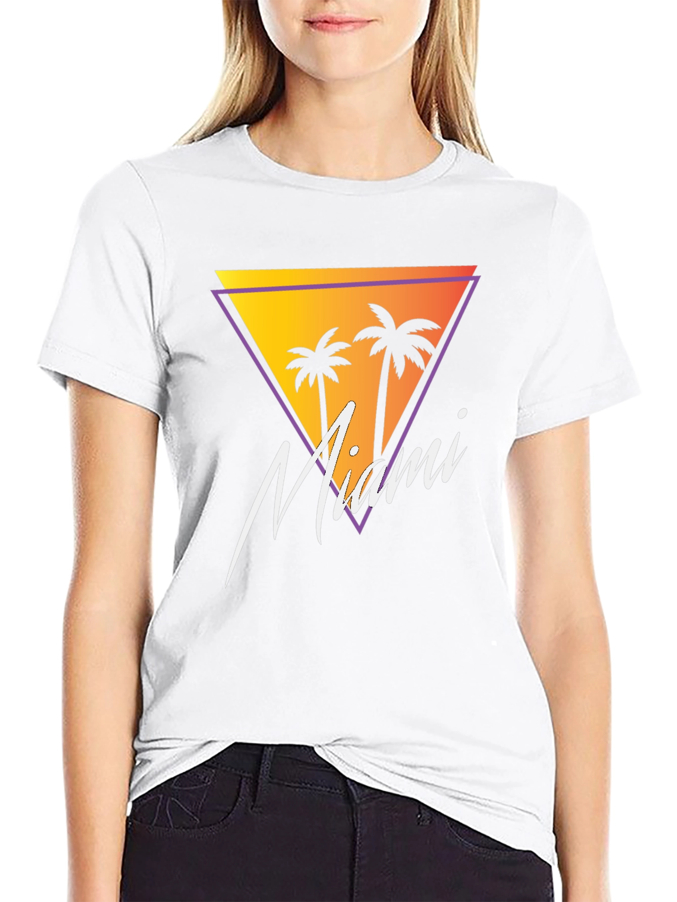Miami Retro T-Shirt Palm Tree Triangle Black Tee - 9